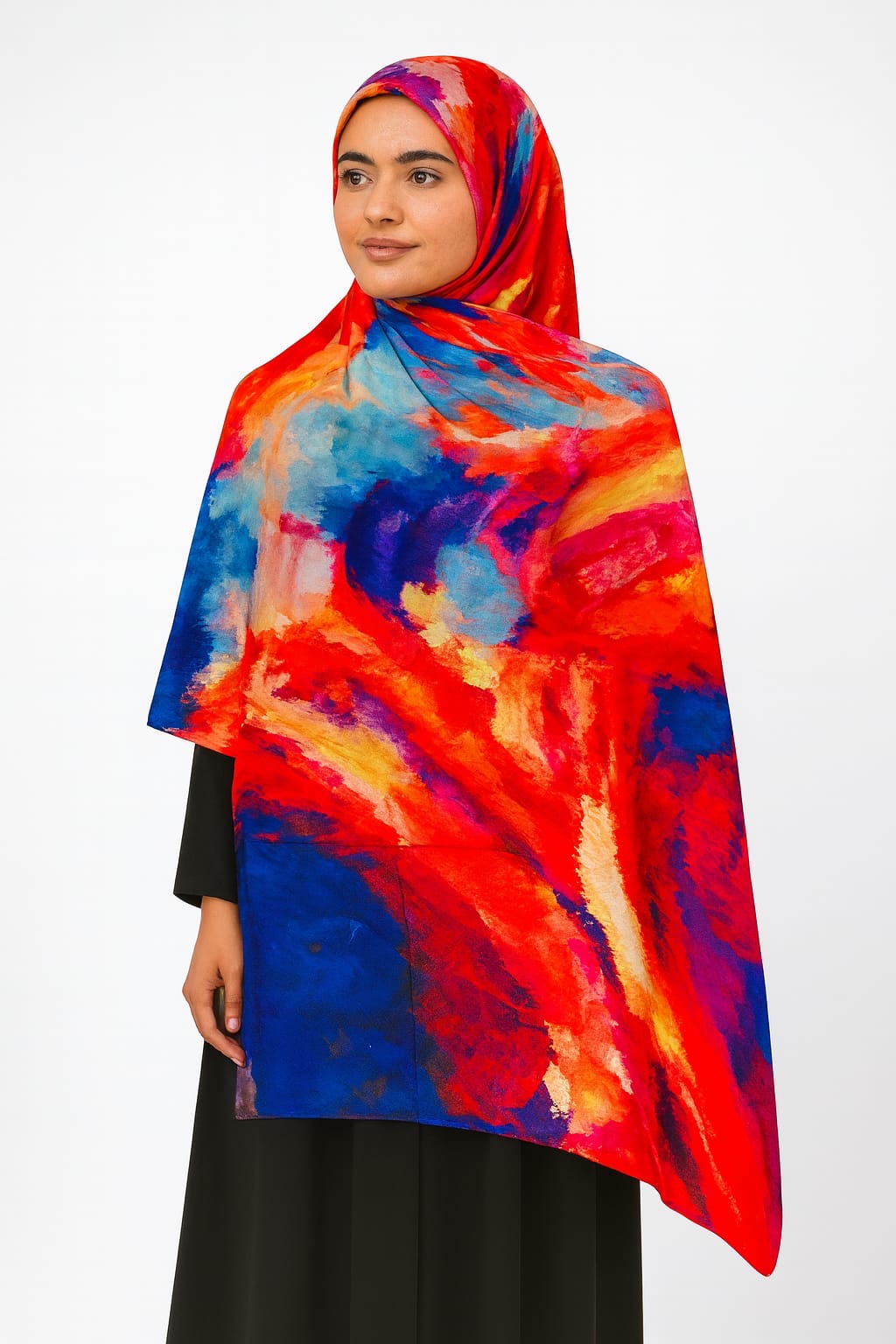 Large Satin Silk Scarf - Flame Red Blue