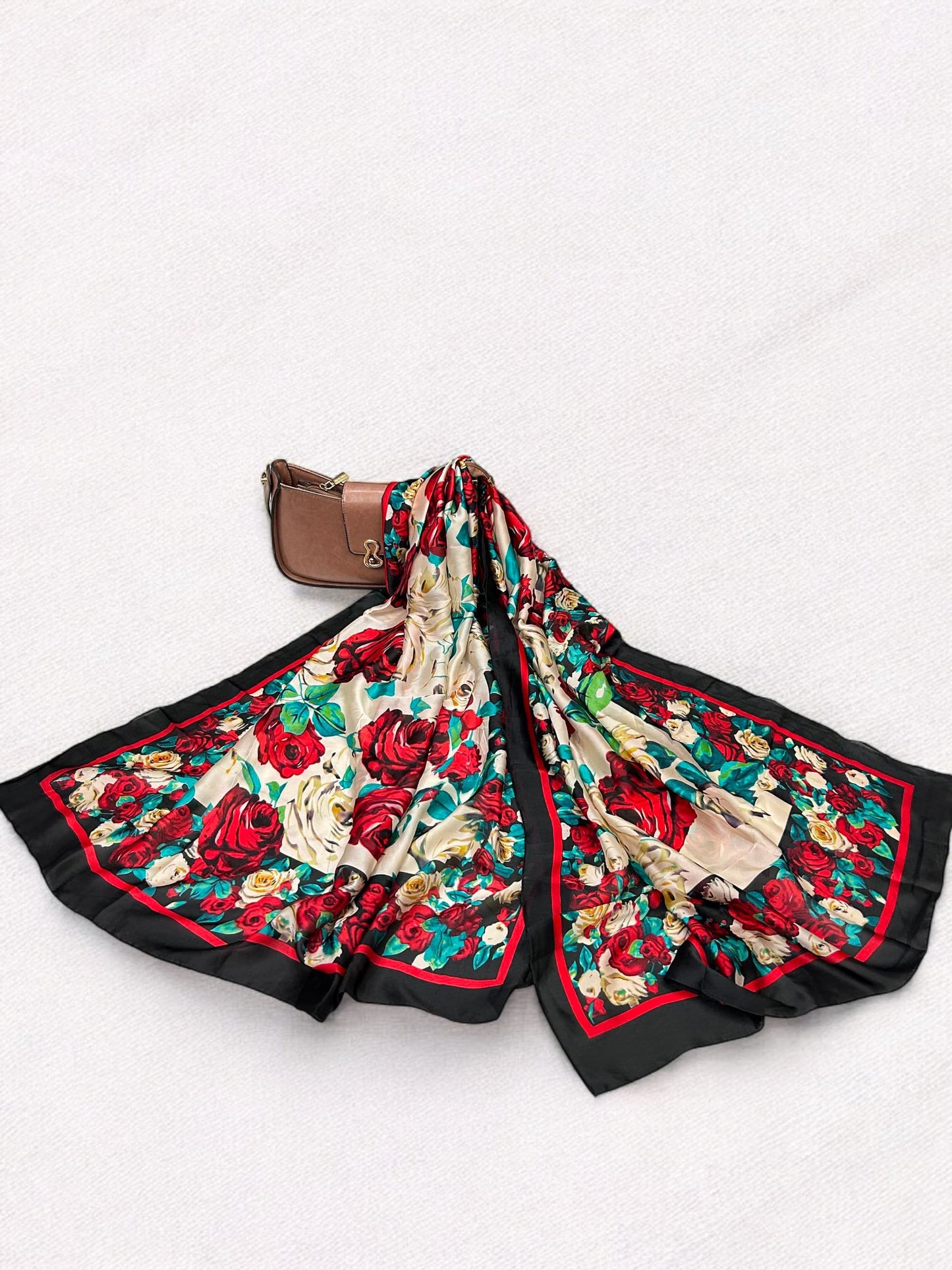 Large Satin Silk Scarf - Black Red Multi Floral
