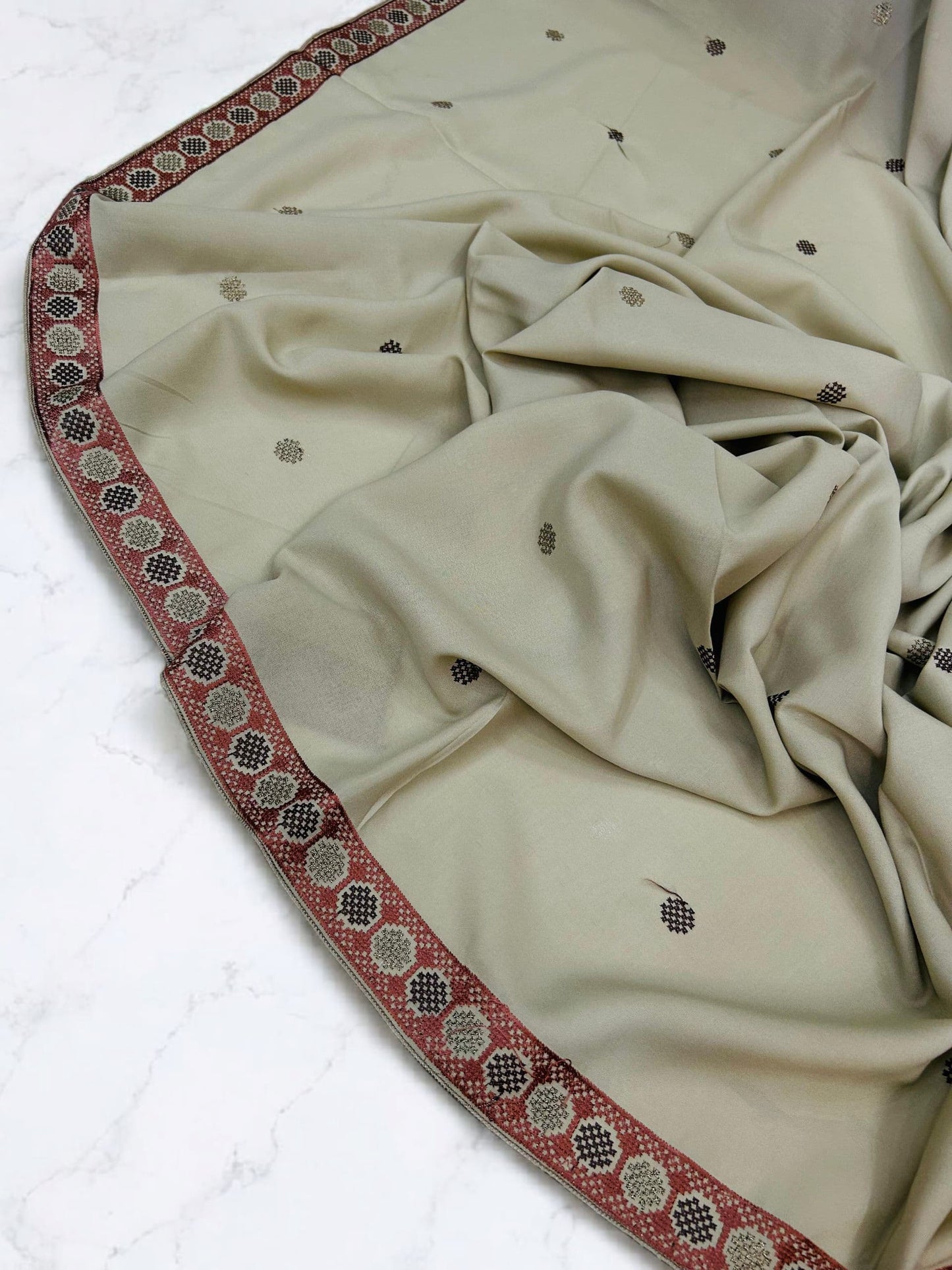 Cream White Rust Circles Fancy Embroidered Shaal