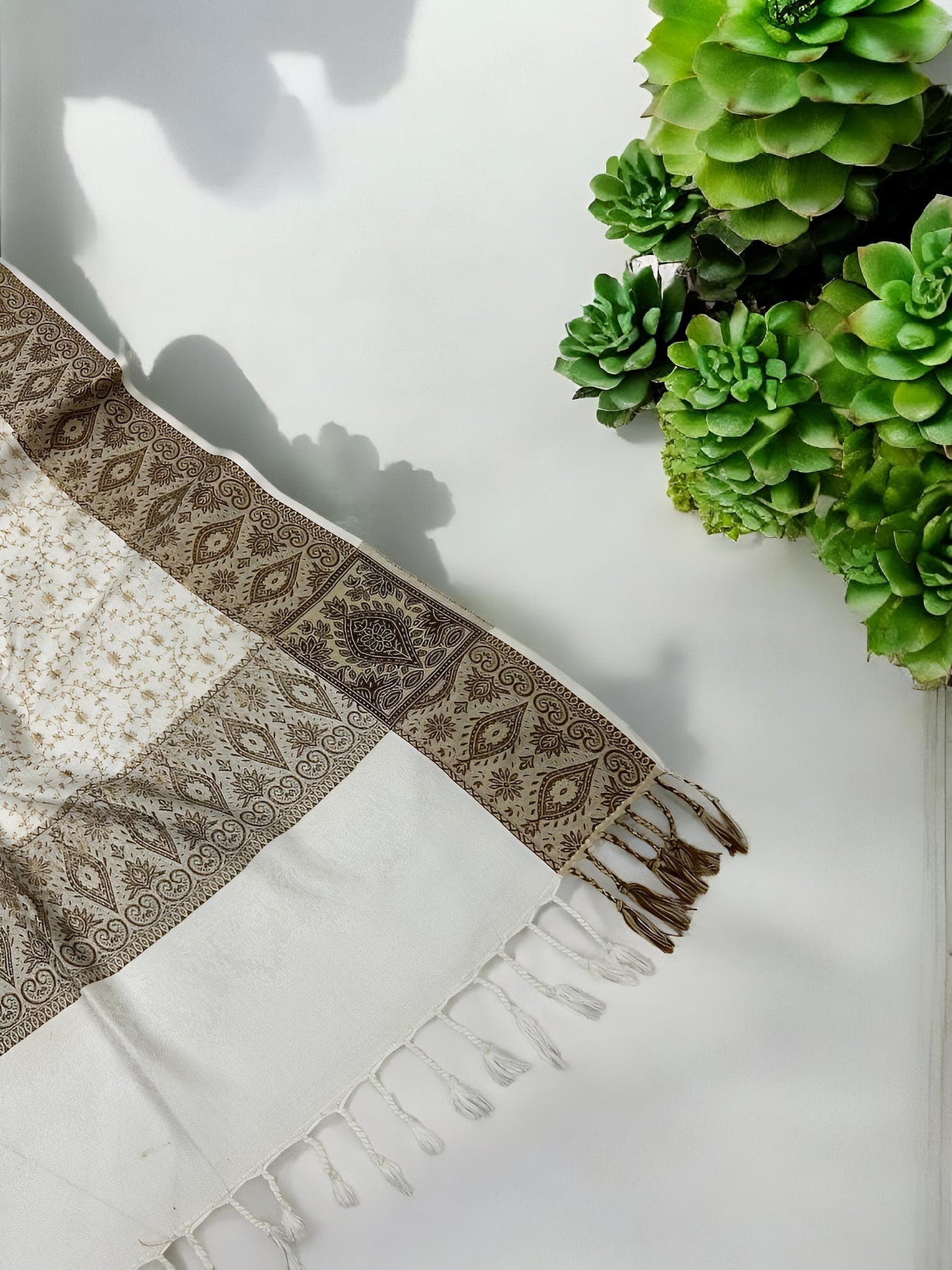 White Beige Threadwork Hand Embroidered Pashmina Shawl