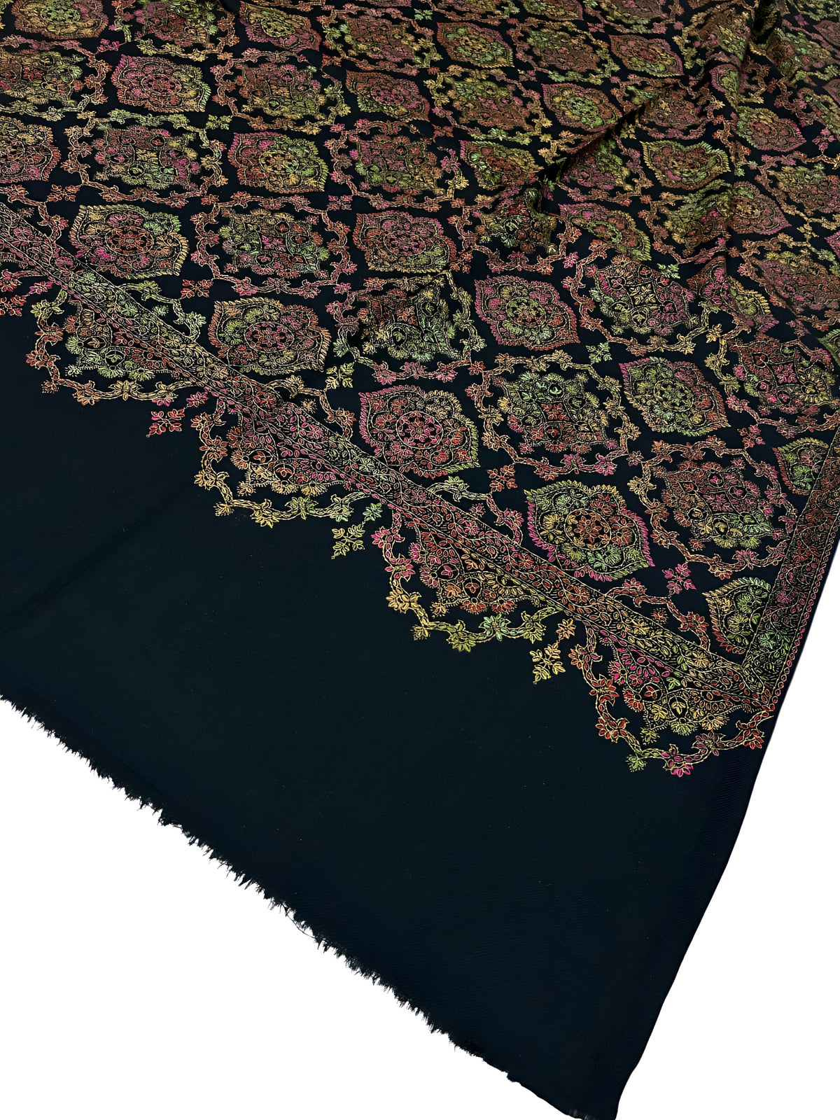 Black Multi - Damask Hand-Embroidered Kashmiri Shawl
