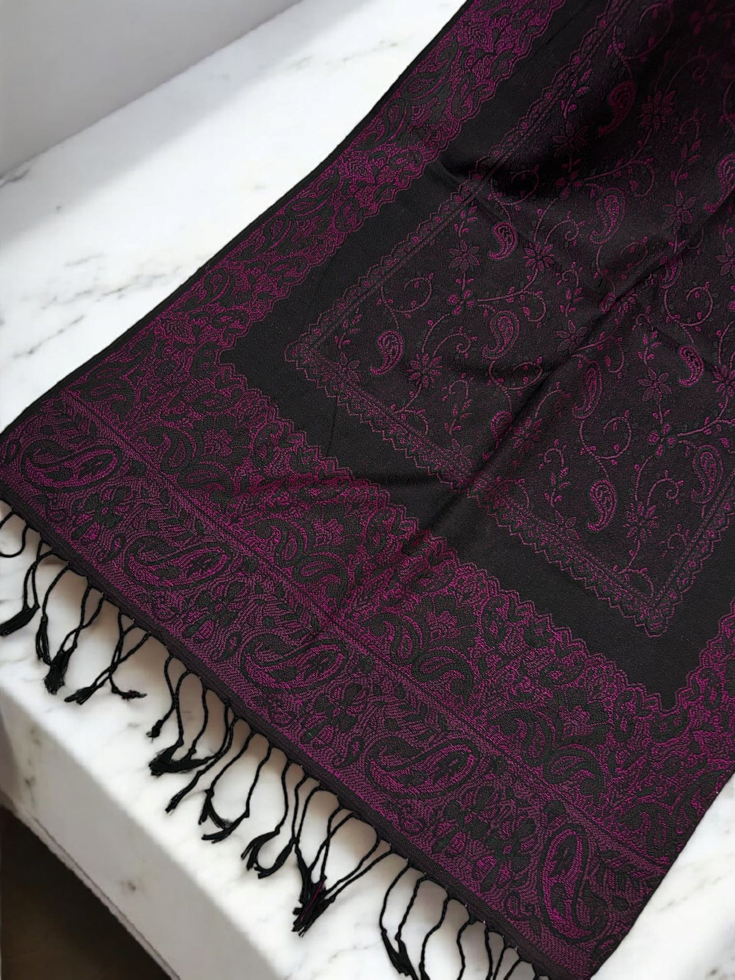 Black Fuchsia Pink Two-tone Paisley Pashmina Hijab