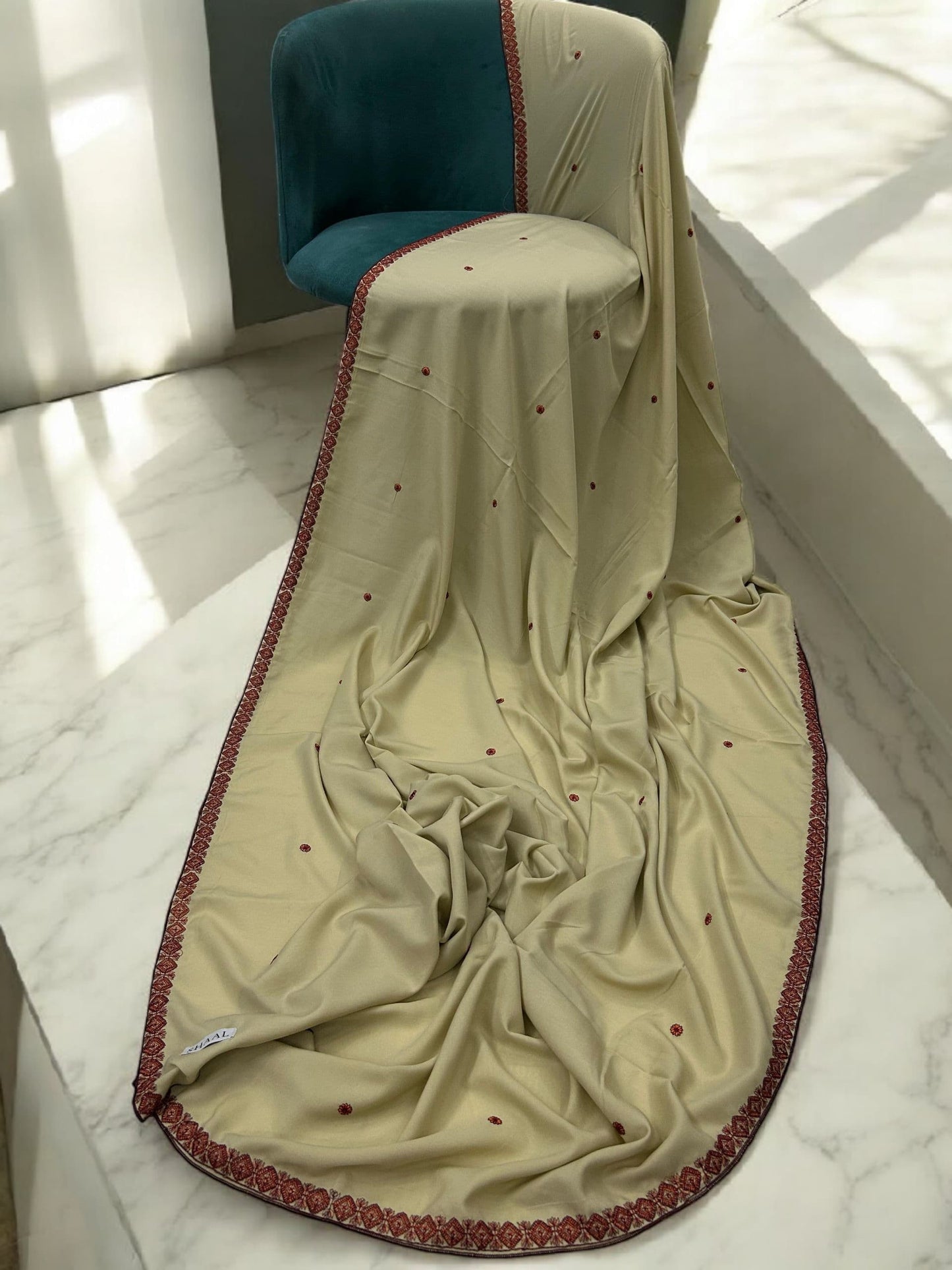 Pistachio Maroon Floral Border Shaal