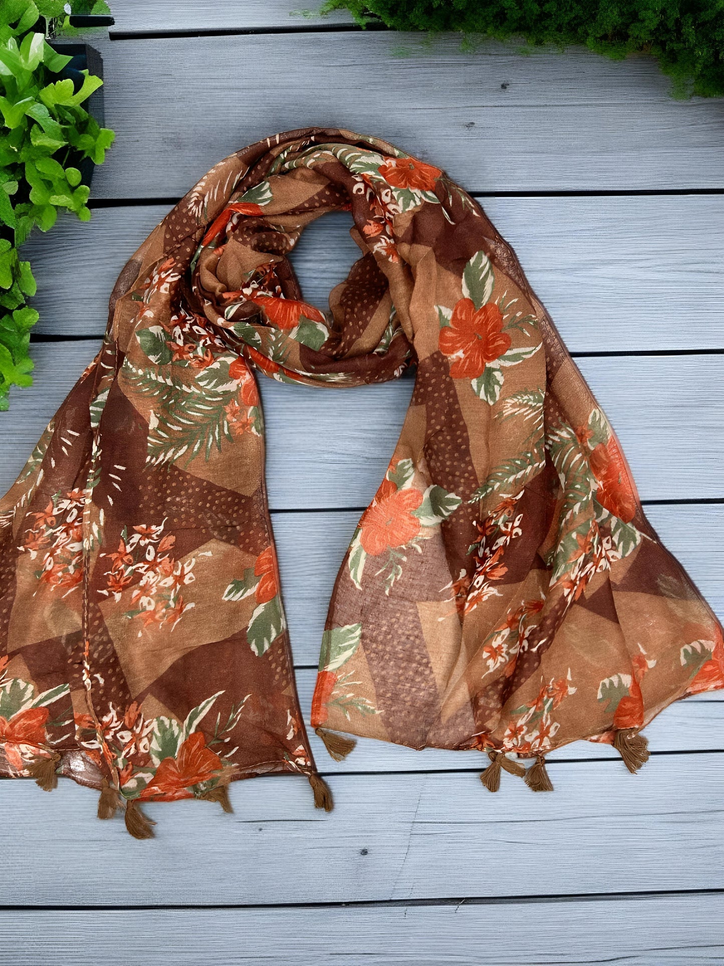 Brown Fox Floral Printed Lawn Tassel Hijab