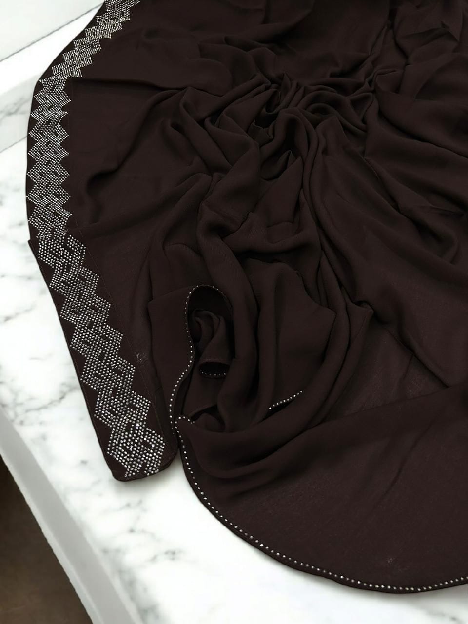 Walnut Brown Curved Silver Border Korean Shaal