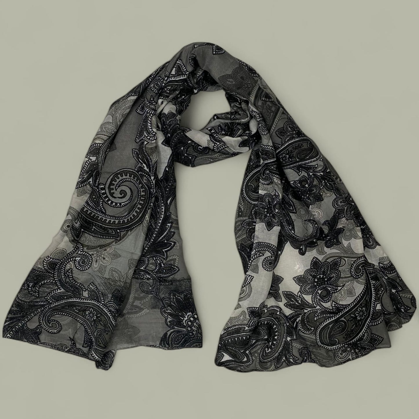 Black Grey Smoke Paisley Printed Lawn Hijab