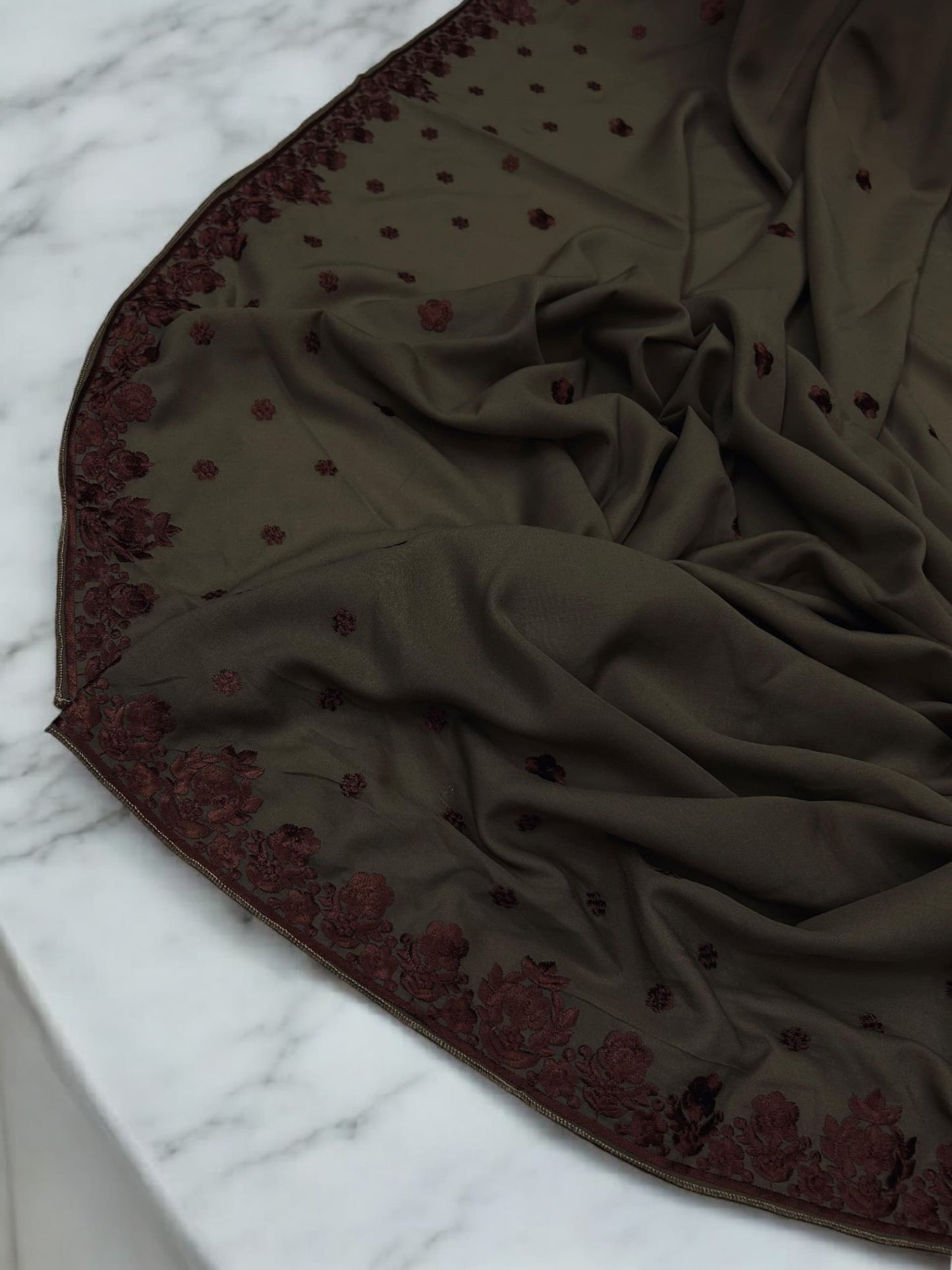 Cedar Dark Peach Floral Embroidered Border Shaal