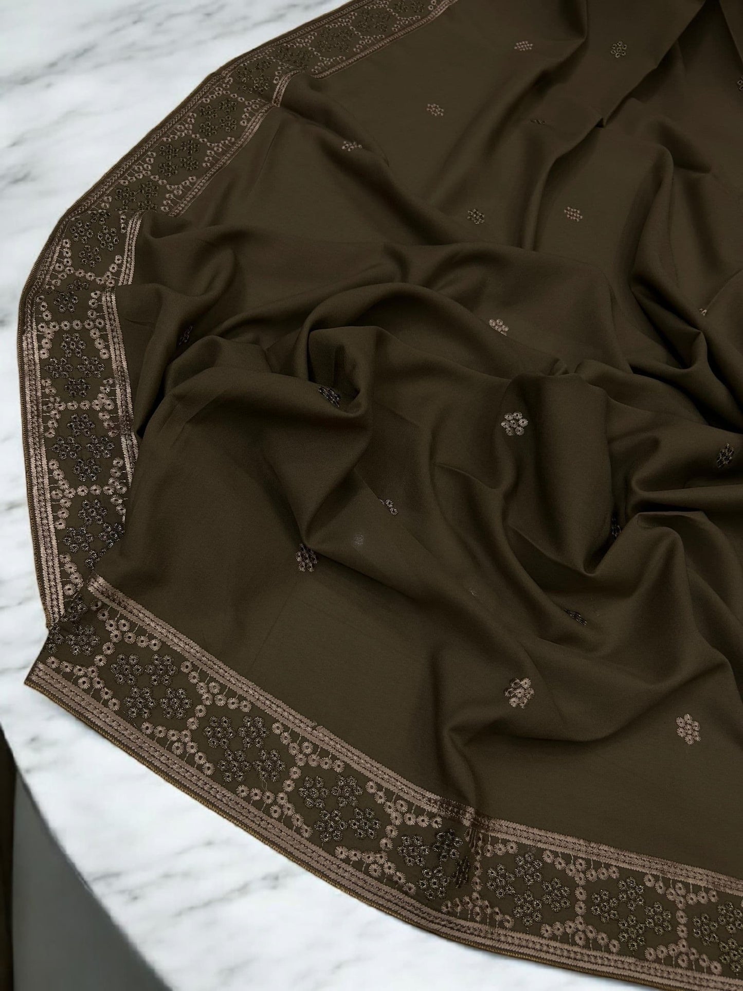 Cedar Brown Beige Honeycomb Fancy Embroidered Shaal