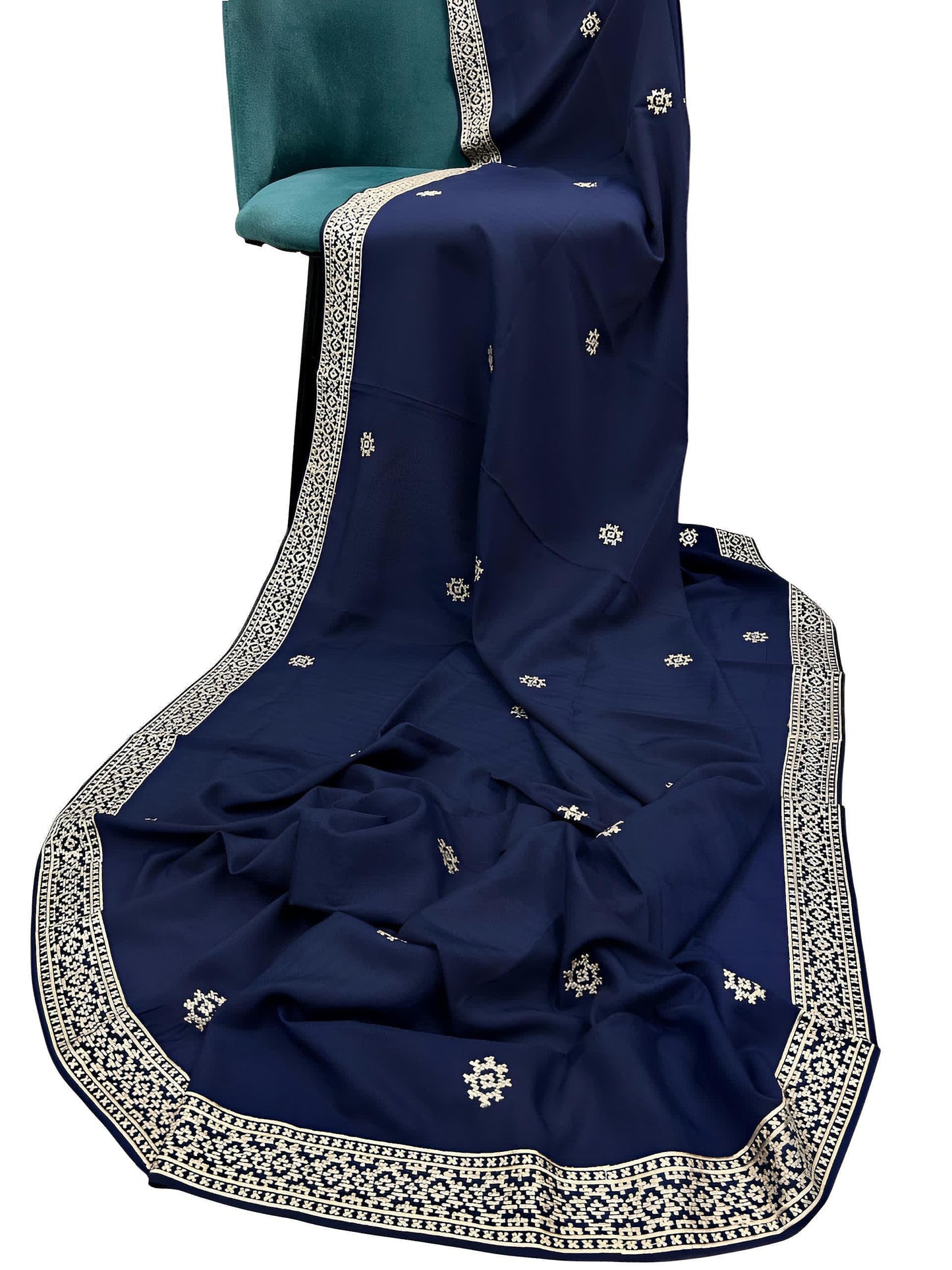 Blue Cream Embroidered Border Shaal