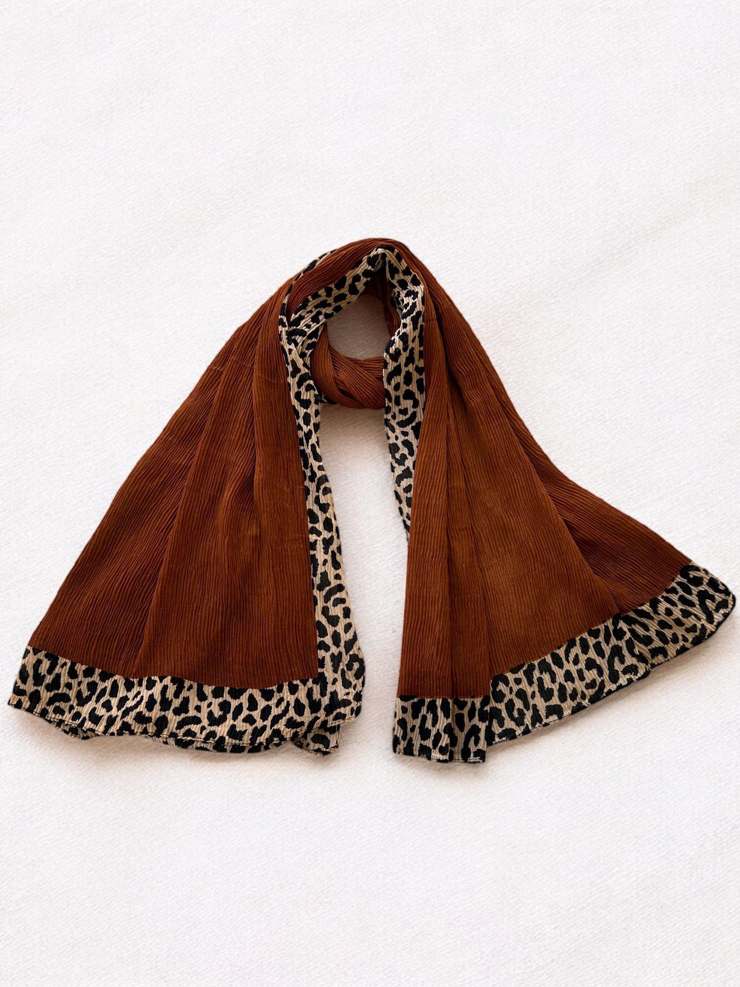 Caramel Brown Leopard Border Printed Pleated Modal Hijab
