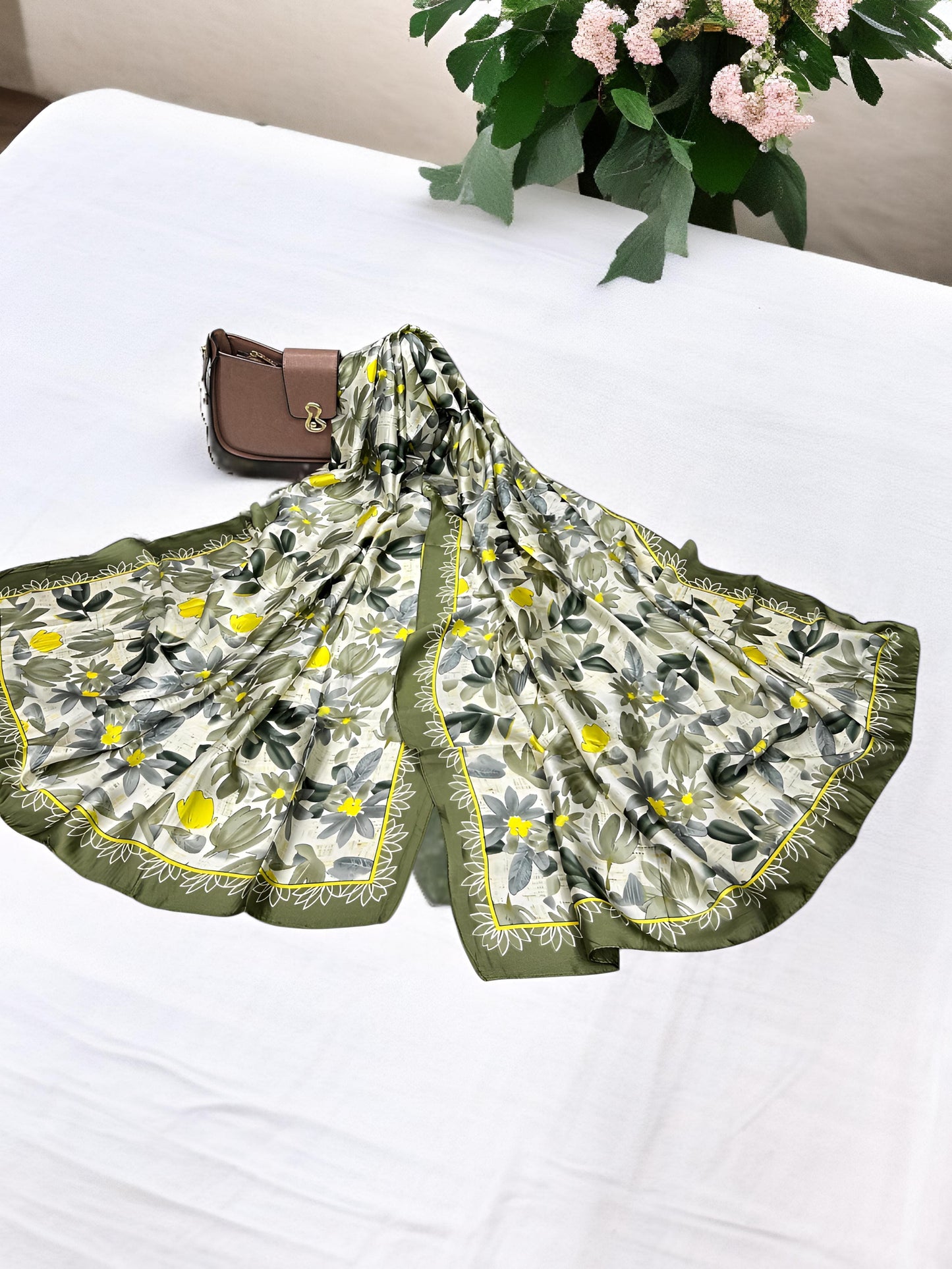 Large Satin Silk Scarf - Greenish White Daisies