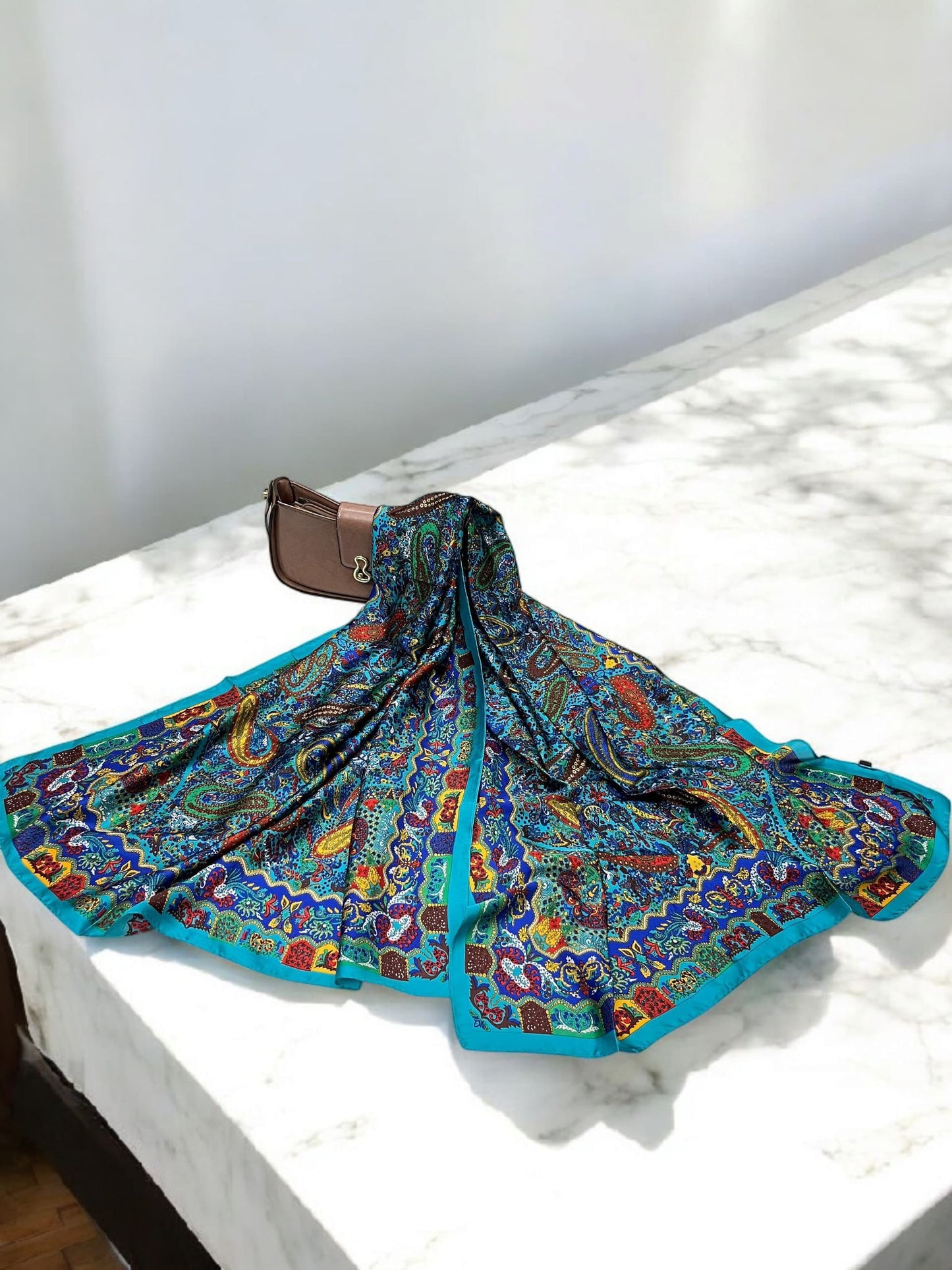 Large Satin Silk Scarf - Turquoise Multi Mandala