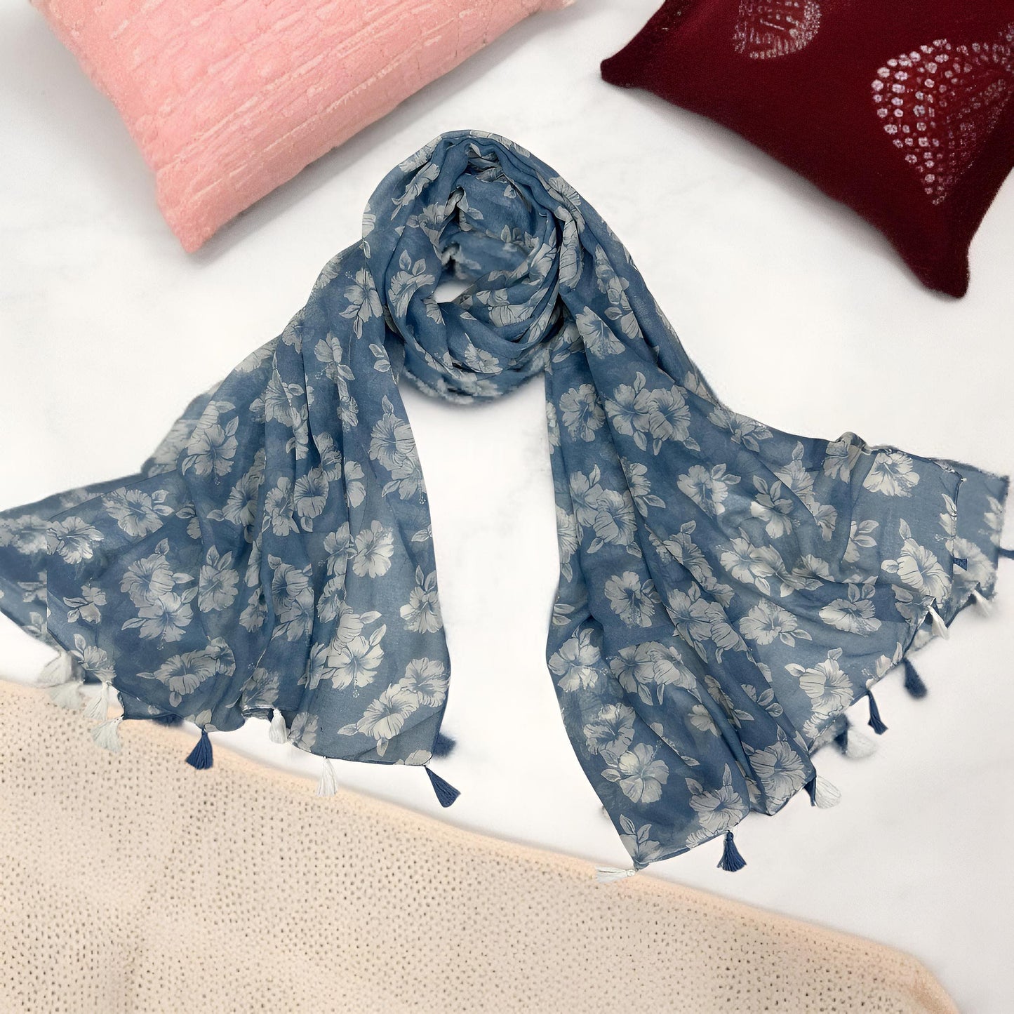 Airforce Blue Floral Printed Lawn Hijab