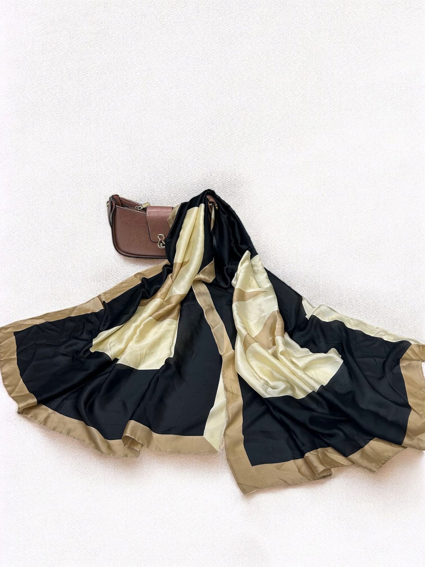 Large Satin Silk Scarf - Black Cream Beige Border