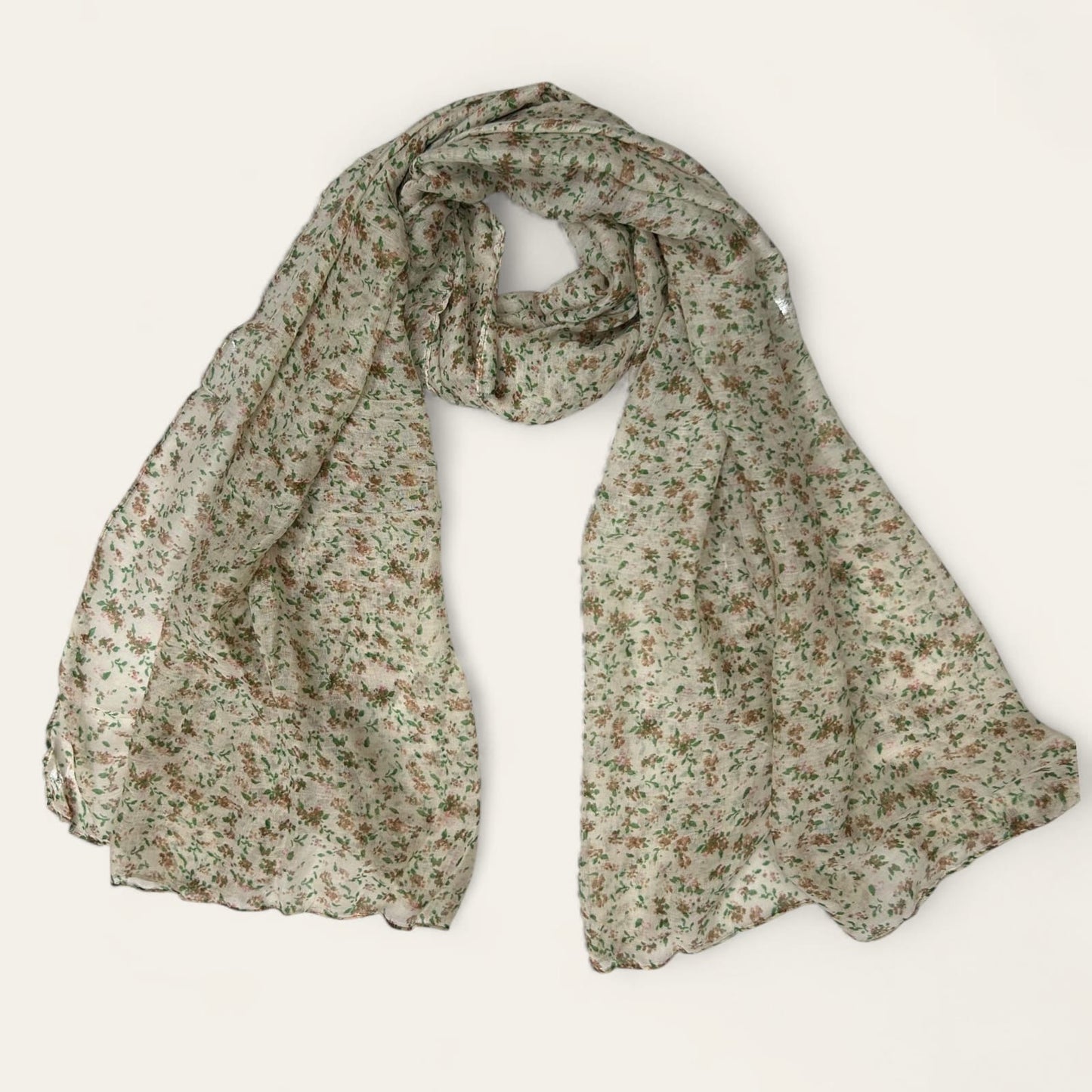 Light Beige Green Floral Printed Lawn Hijab