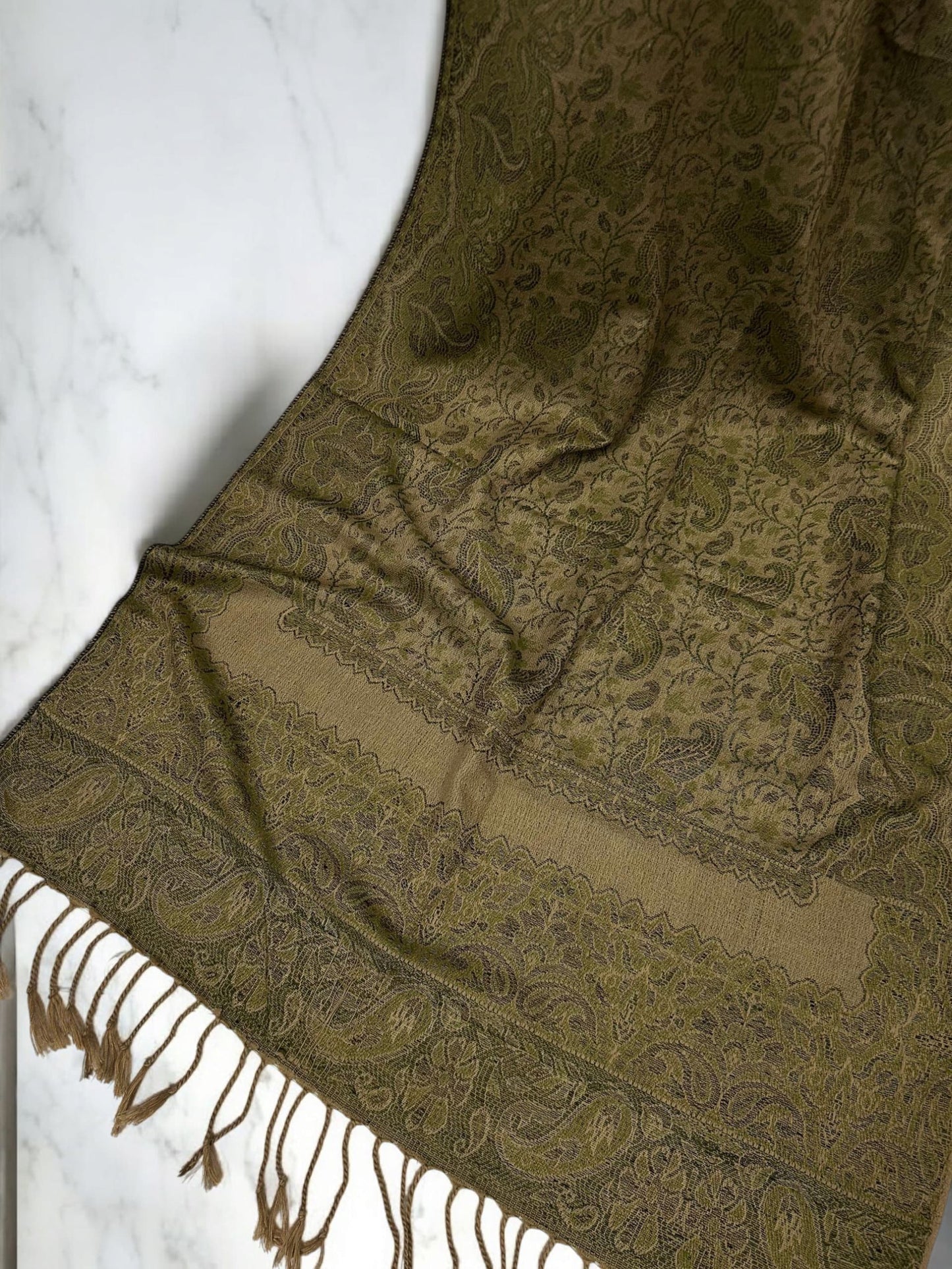 Kelly Green Beige Brown Two-tone Paisley Pashmina Hijab