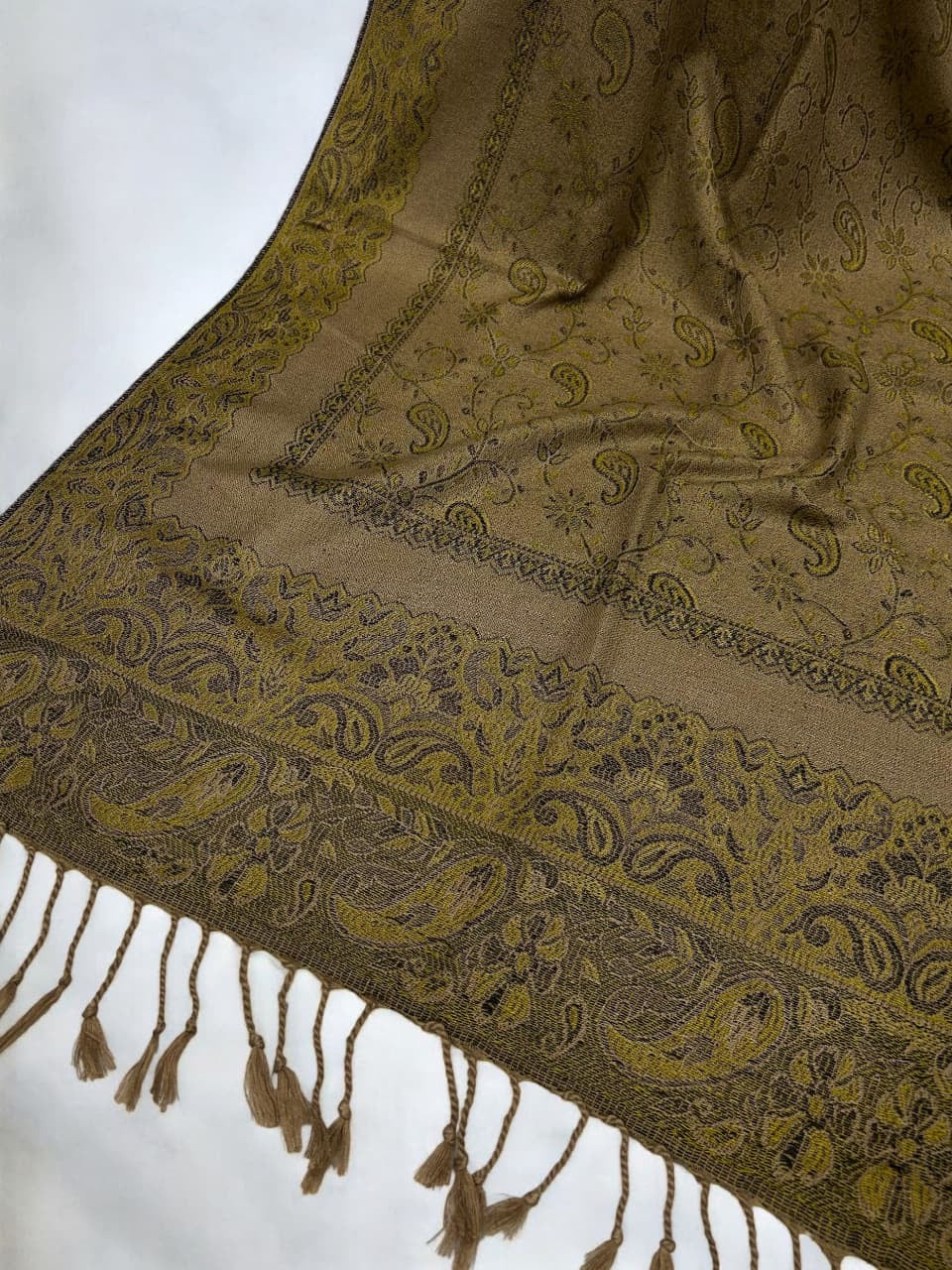 Beige Mint Green Olive two-tone Paisley Pashmina Hijab