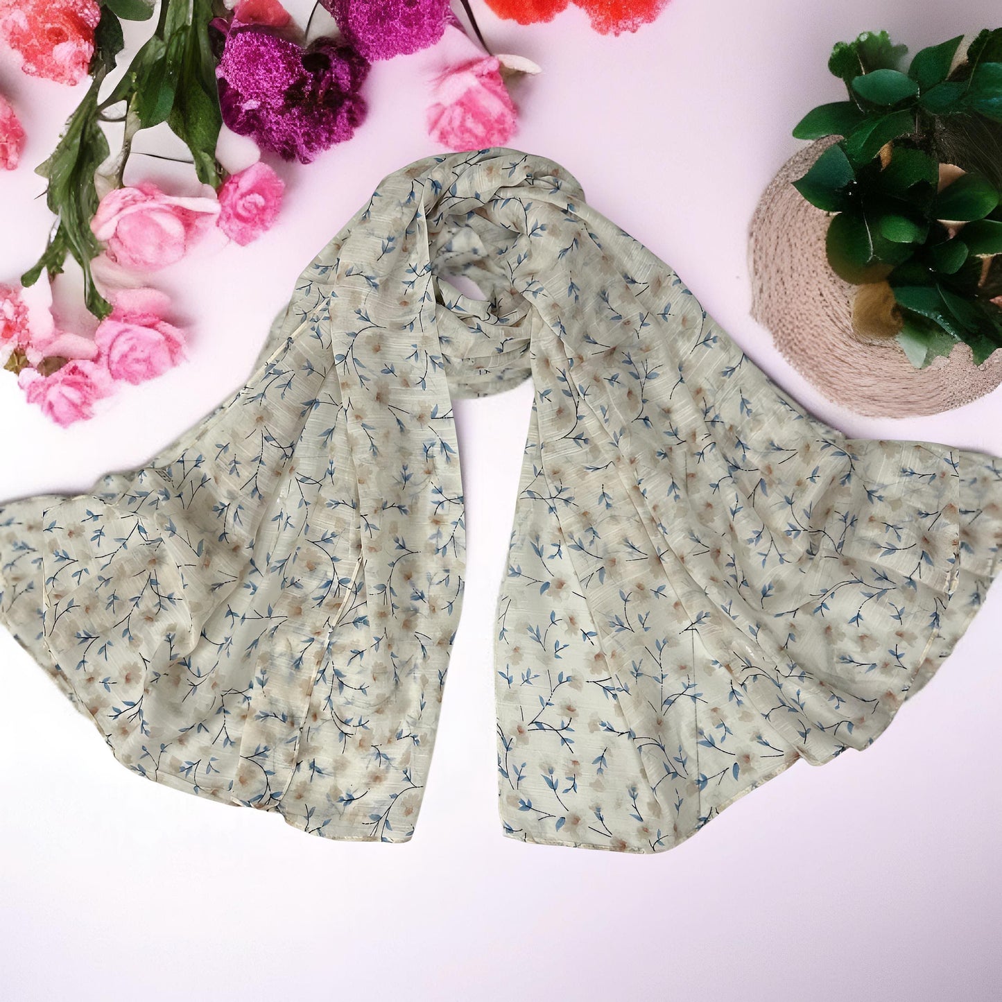 Ash White Floral Printed Modal Hijab