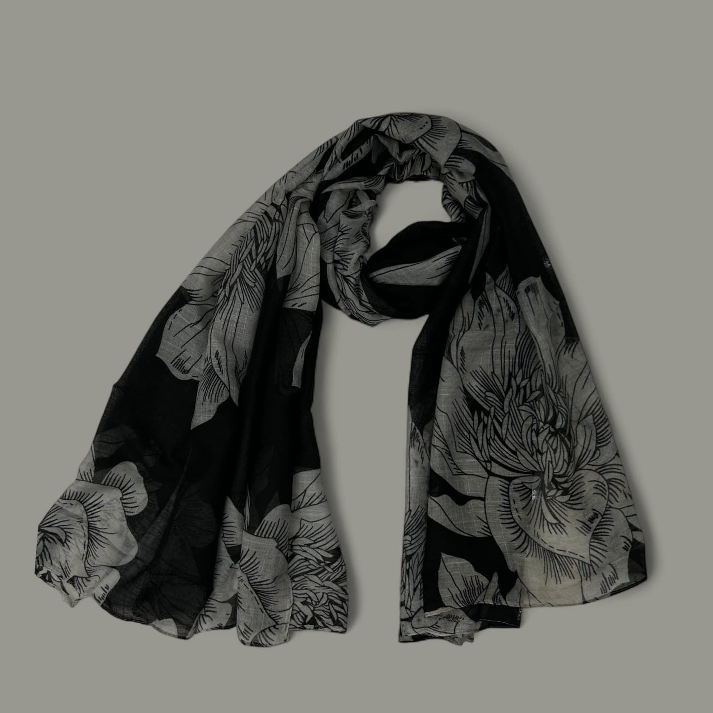 Black Grey Rose Printed Lawn Hijab