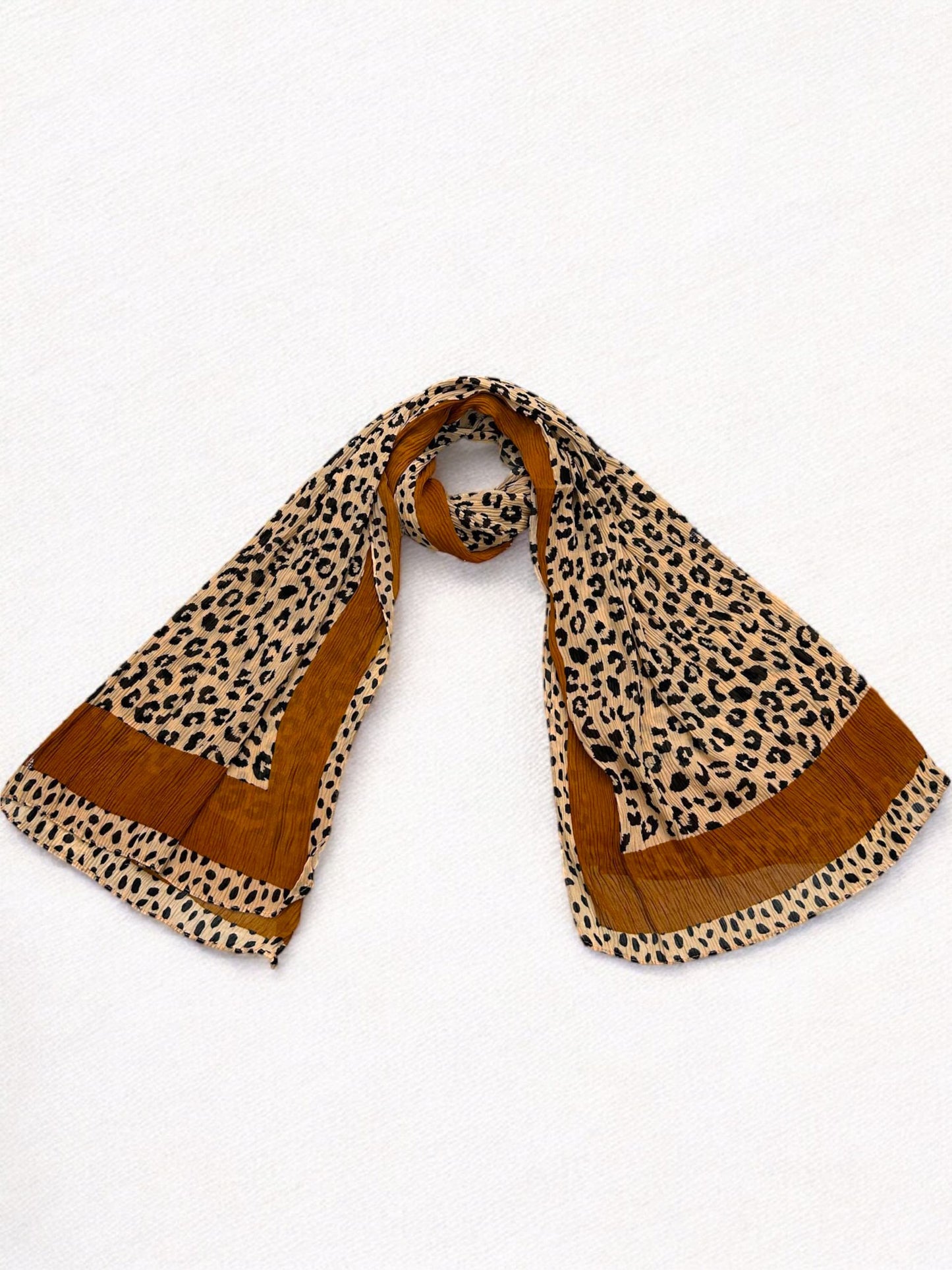Beige Brown Plain Border Leopard Printed Pleated Modal Hijab