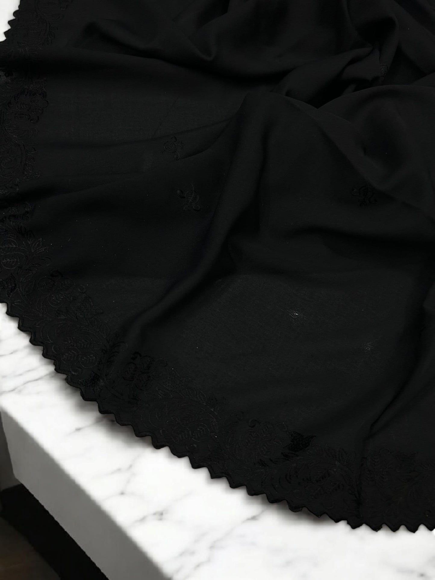 Pure Black Cutwork Embroidered Border Shaal