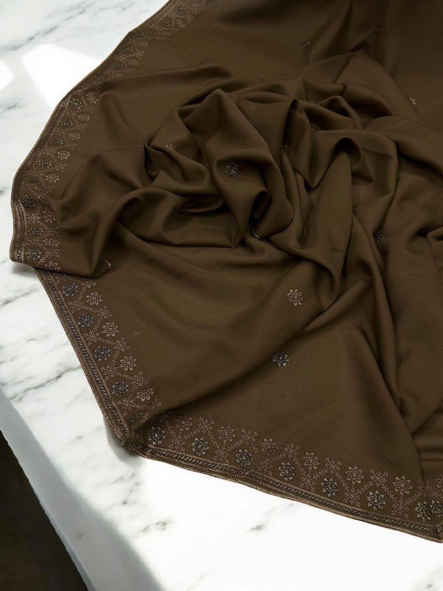 Saddle Brown Flowers Threadwork Embroidered Border Shaal