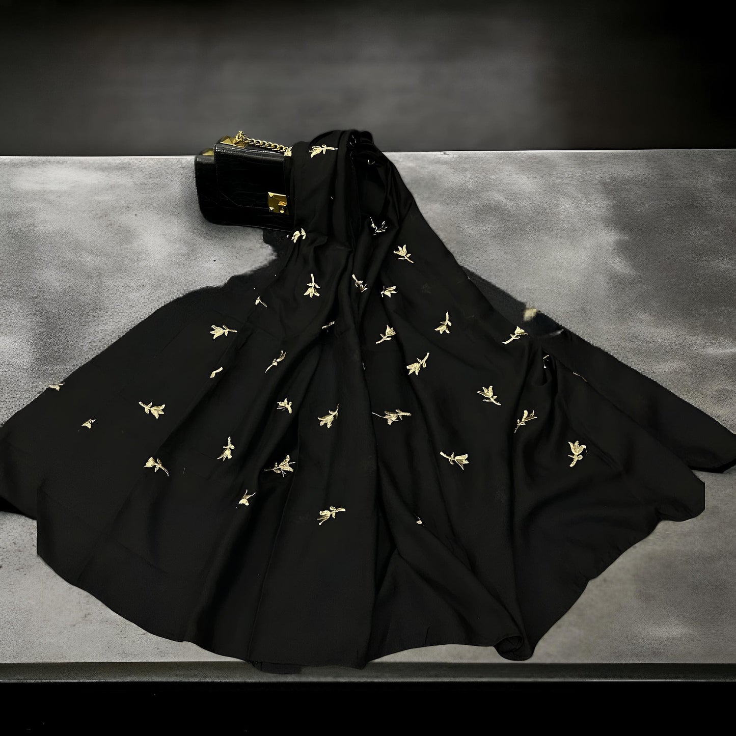 Golden Embroidered Tulips - Monochrome Hijab