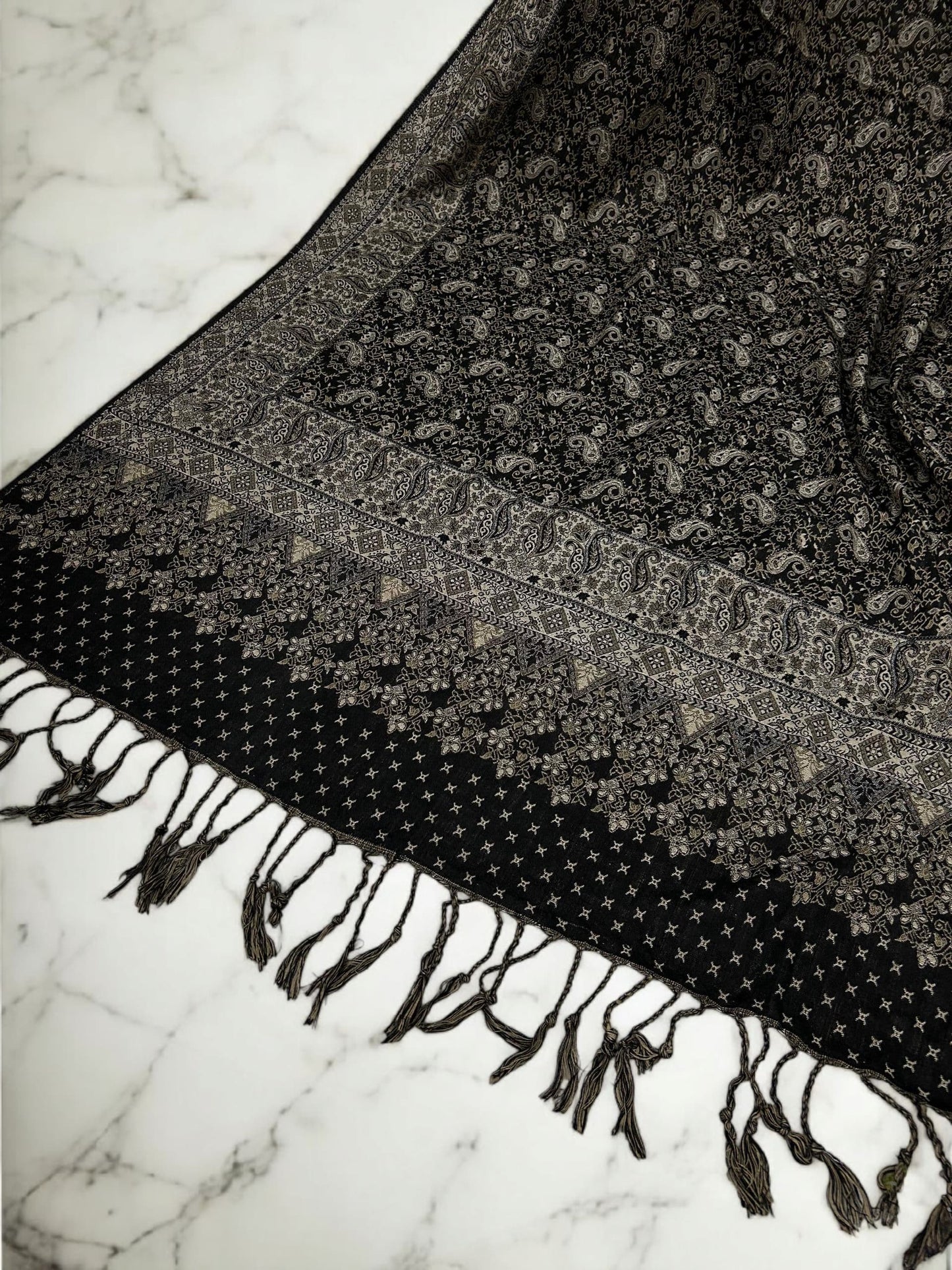 Threadwork Paisley Pashmina Shawl - Black Light Brown