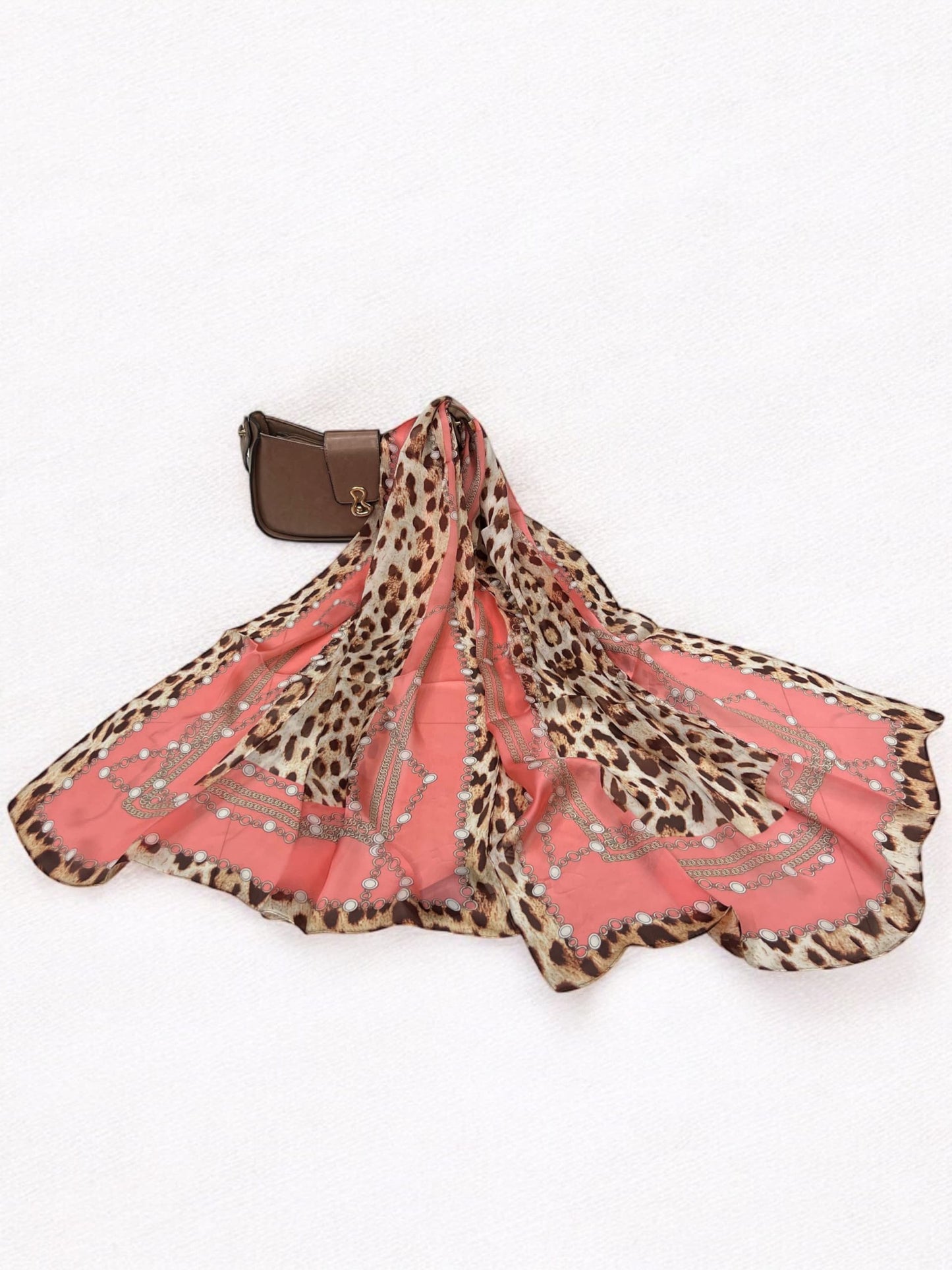 Satin Silk Scarf - Pink Brown Leopard Roberto Cavalli