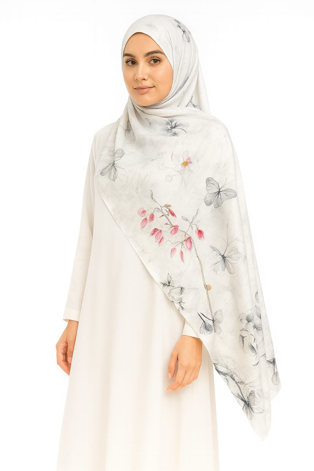 Large Satin Silk Scarf - White Butterfly Floral
