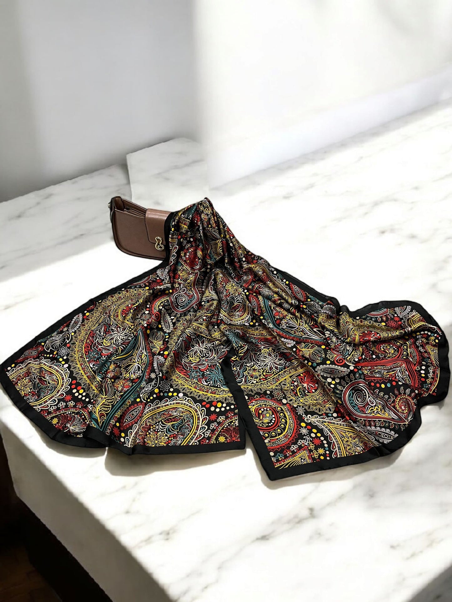 Large Satin Silk Scarf - Black Multi Mandala