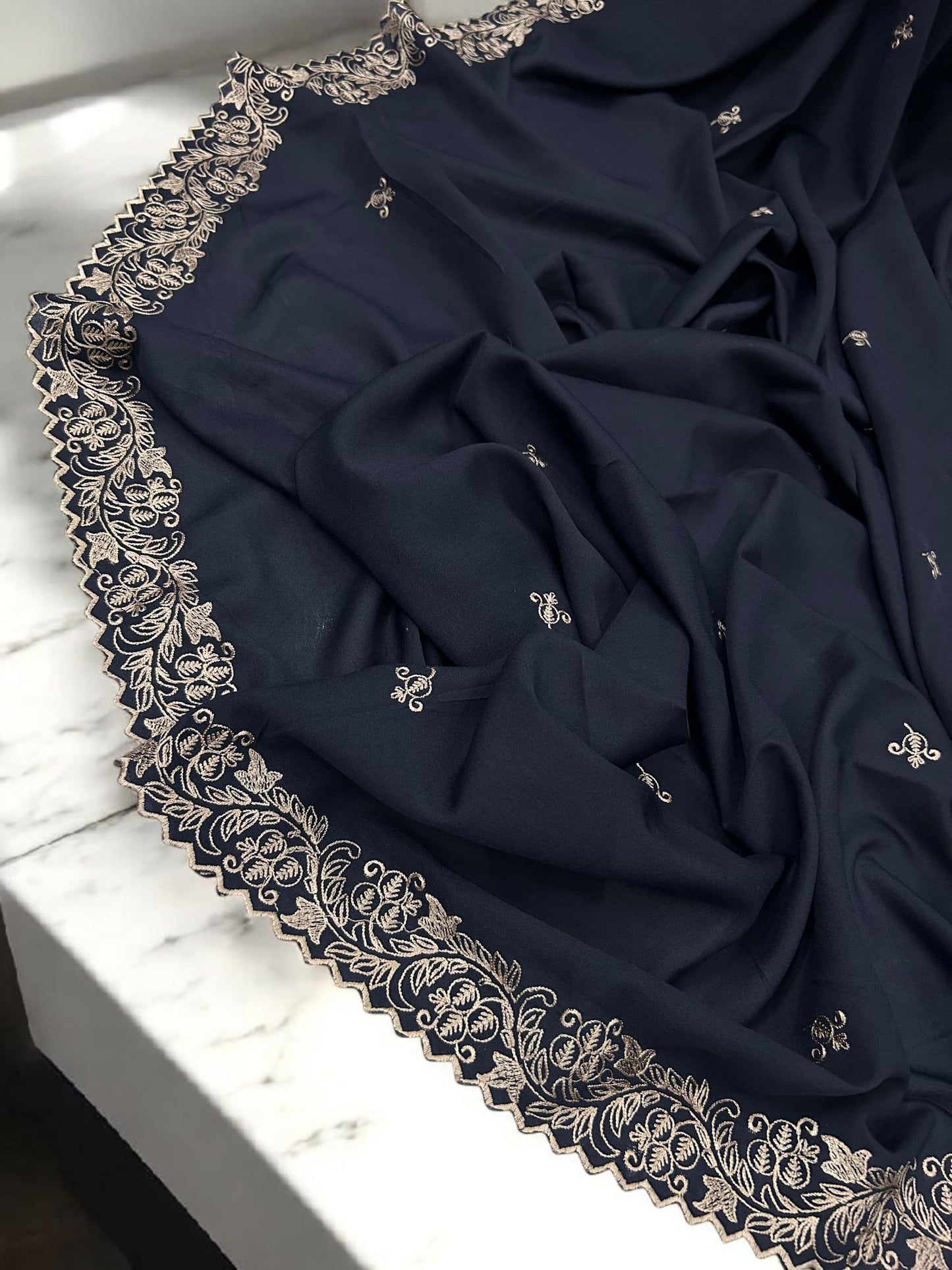 Navy Cream Cutwork Embroidered Border Shaal