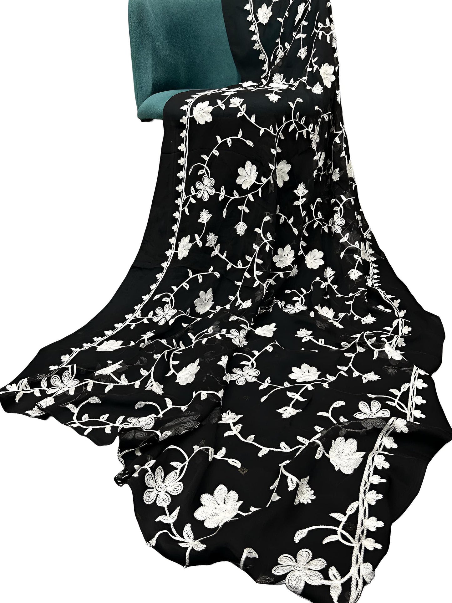 Black & White Peony Embroidered Chiffon Dupatta