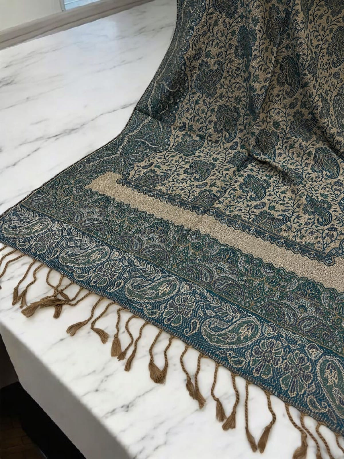 Beige Sea Blue Two-tone Paisley Pashmina Hijab