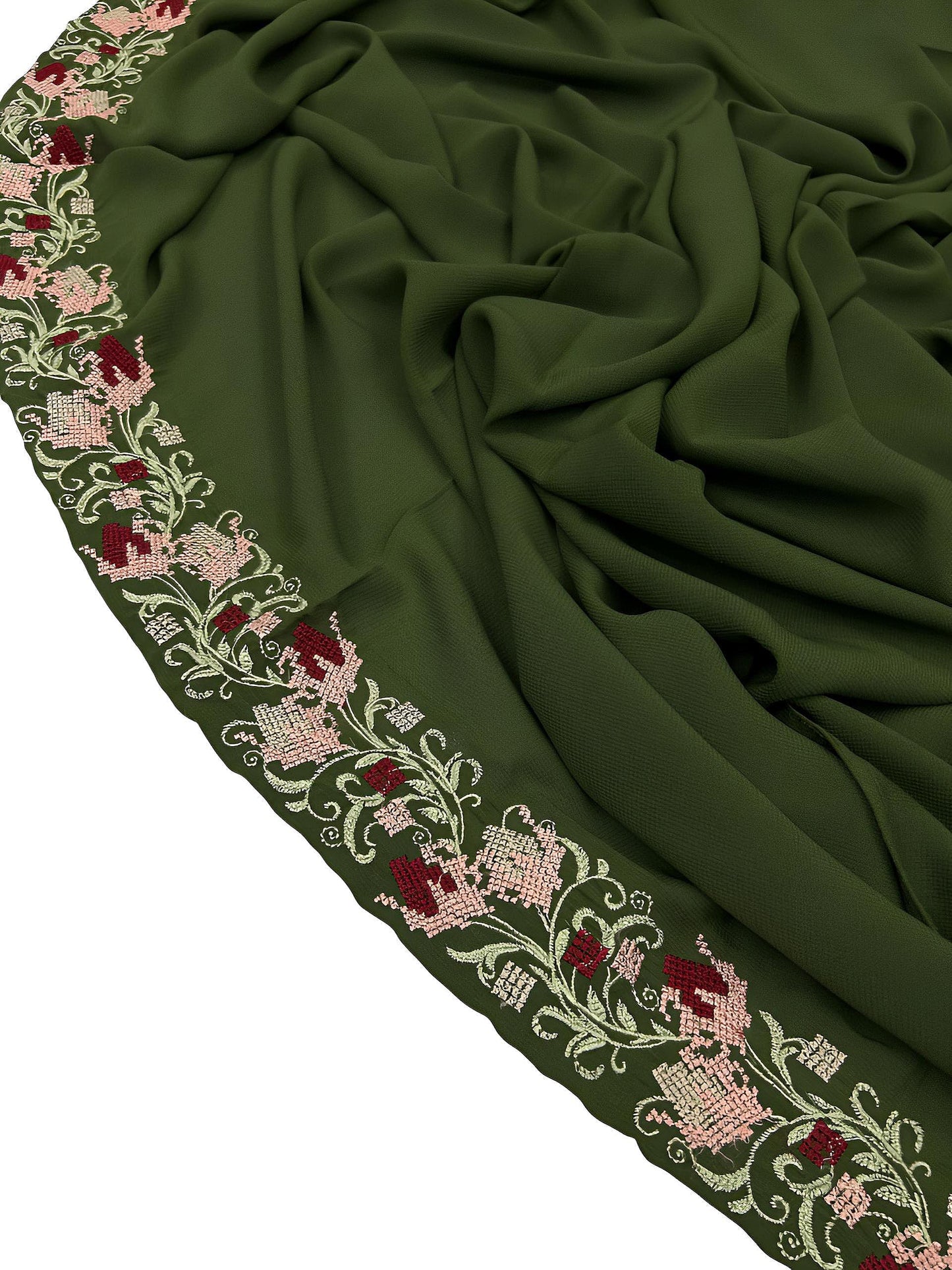 Luxury Moss Green Floral Border Korean Shaal