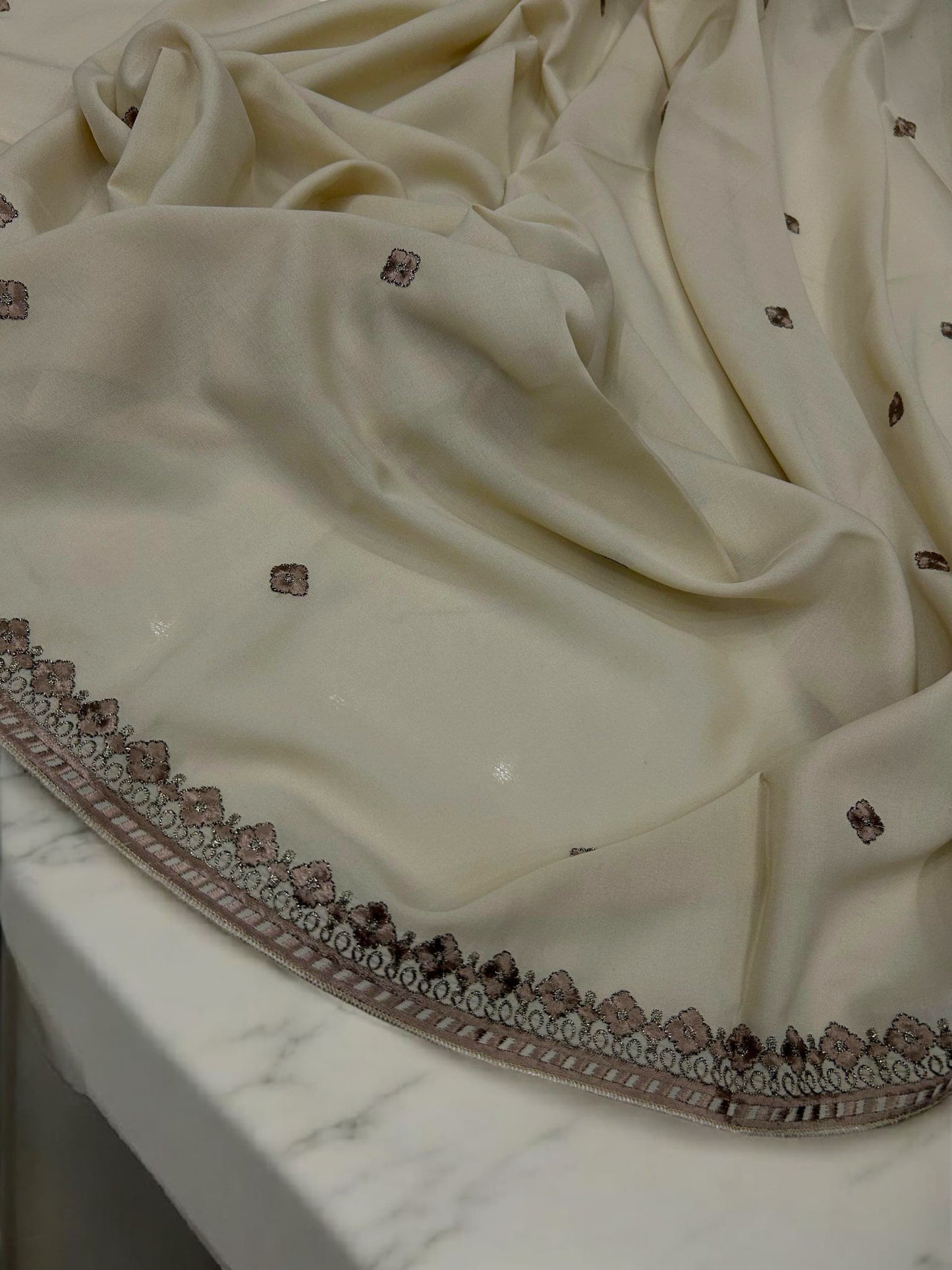 Cream Brown Floral Threadwork Embroidered Shaal