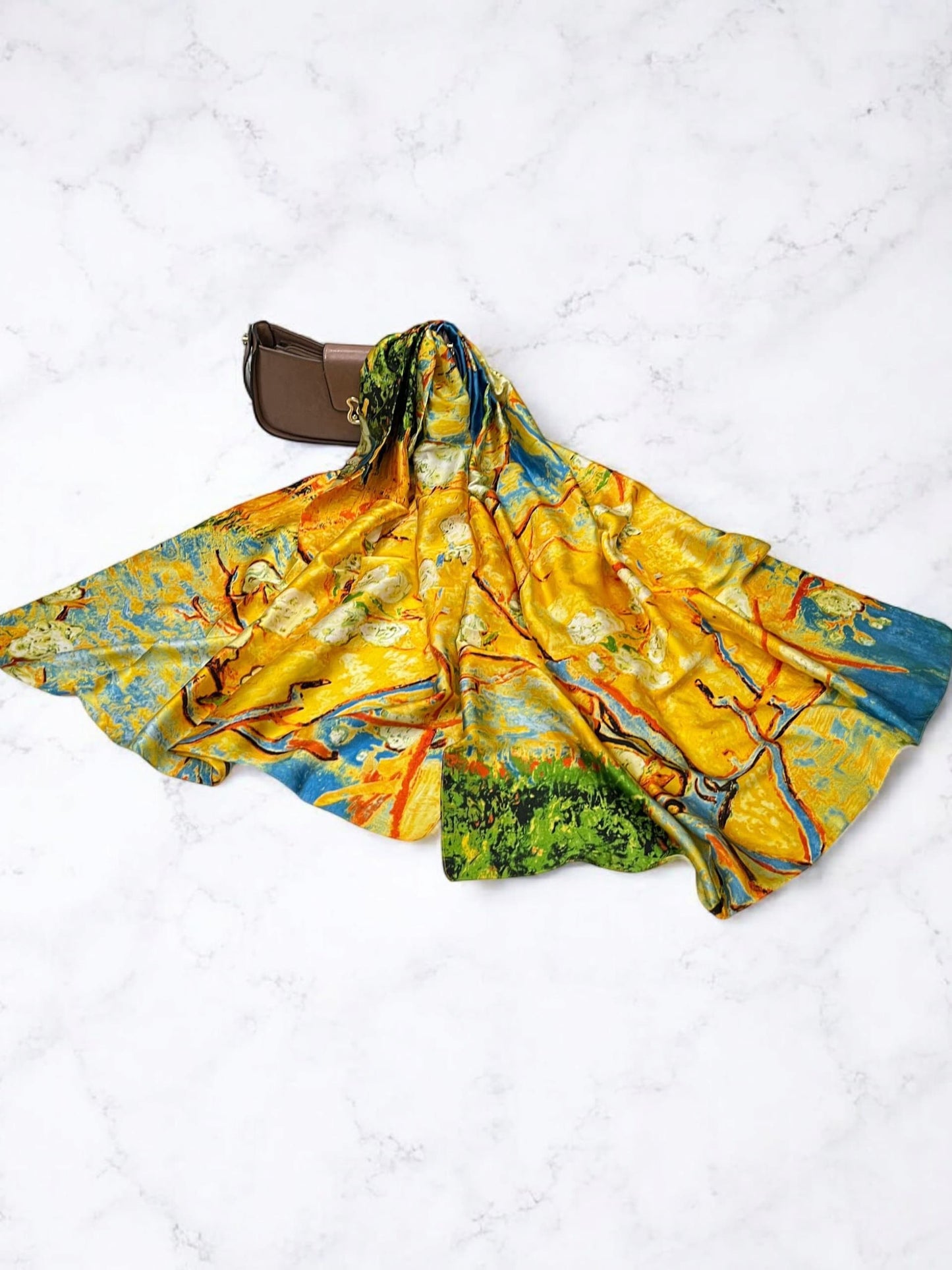 Large Satin Silk Scarf - Saffron Gold Abstract