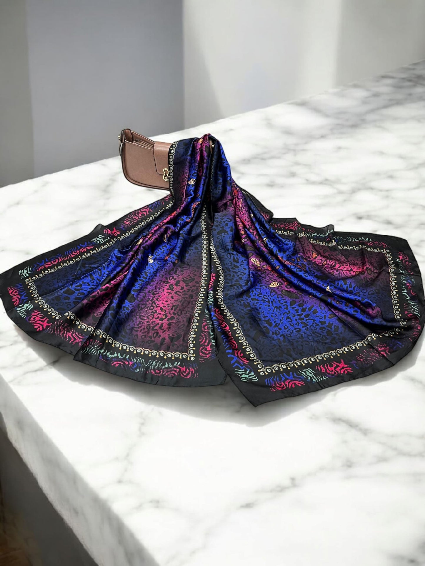 Large Satin Silk Scarf - Black Multi Cheetah