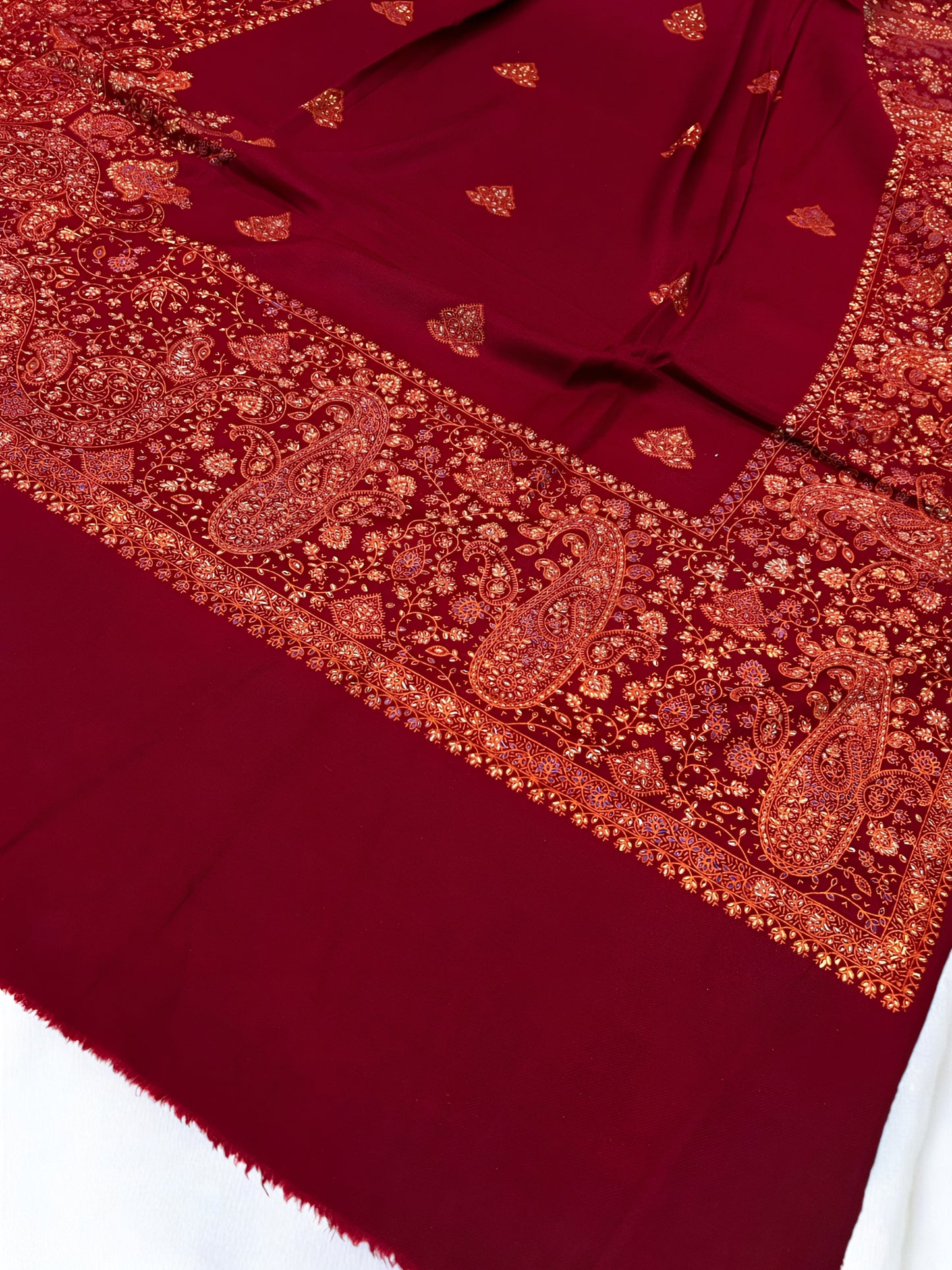 Red Coral - Hand Embroidered Paisley Kashmiri Shawl