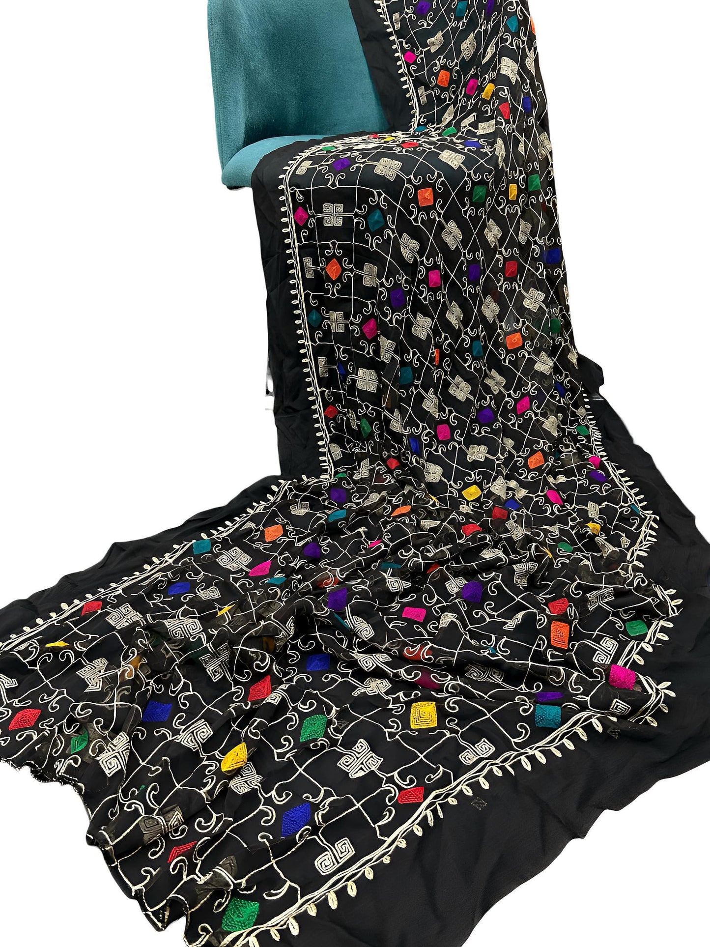Black Multi Diamond Embroidered Chiffon Dupatta