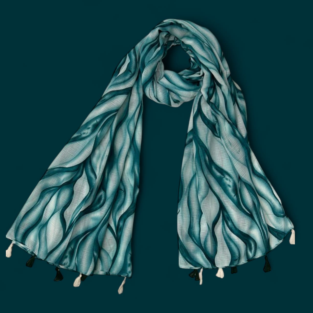 Teal Blue Waves Printed Modal Hijab