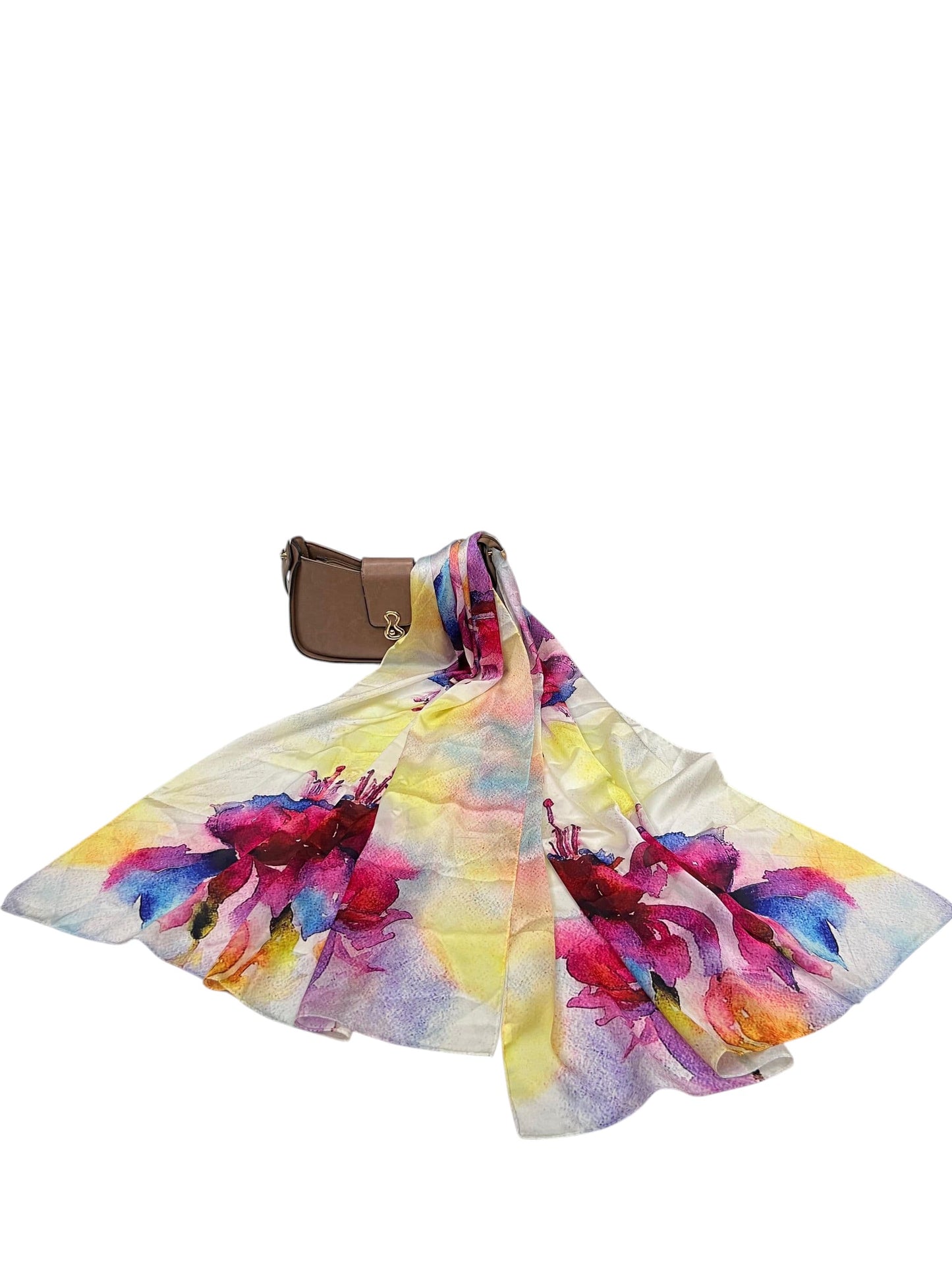 Large Satin Silk Scarf - Lemon Pink Splashy Floral