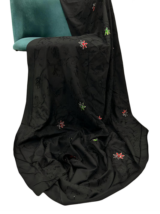 Black Multi Floral Embroidered Lawn Dupatta