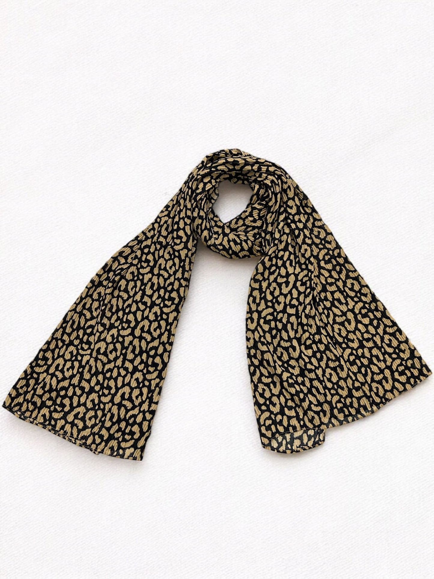 Sand Brown Black Cheetah Printed Pleated Modal Hijab