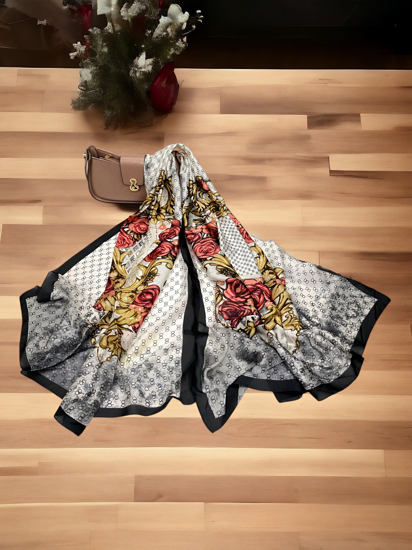 Large Satin Silk Scarf - B&W floral