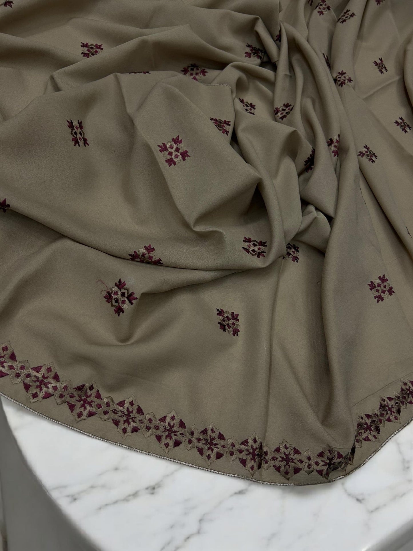 Khaki Maroon Floral Diamond Embroidered Shaal