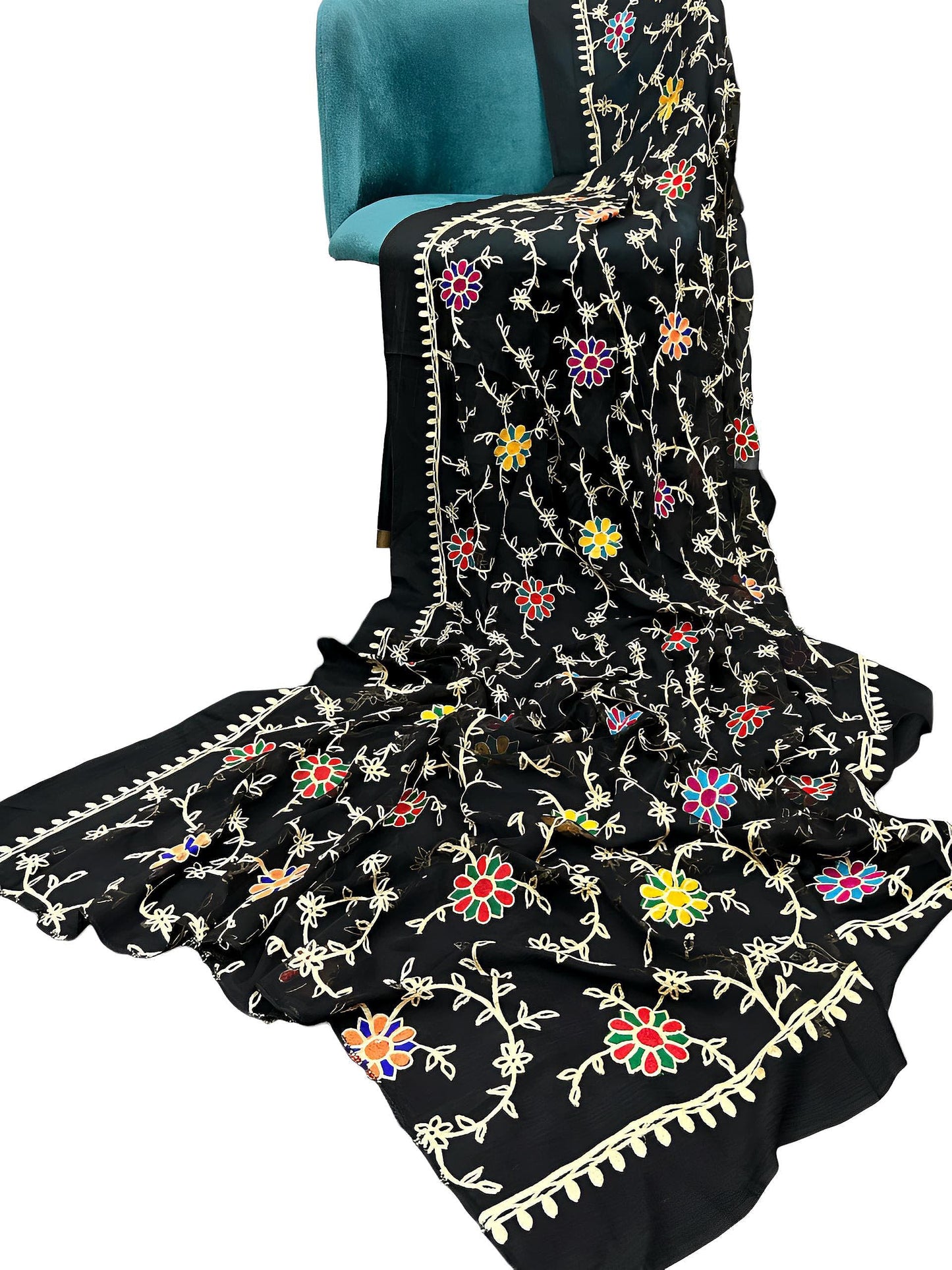 Black Multi Flowers Embroidered Chiffon Dupatta