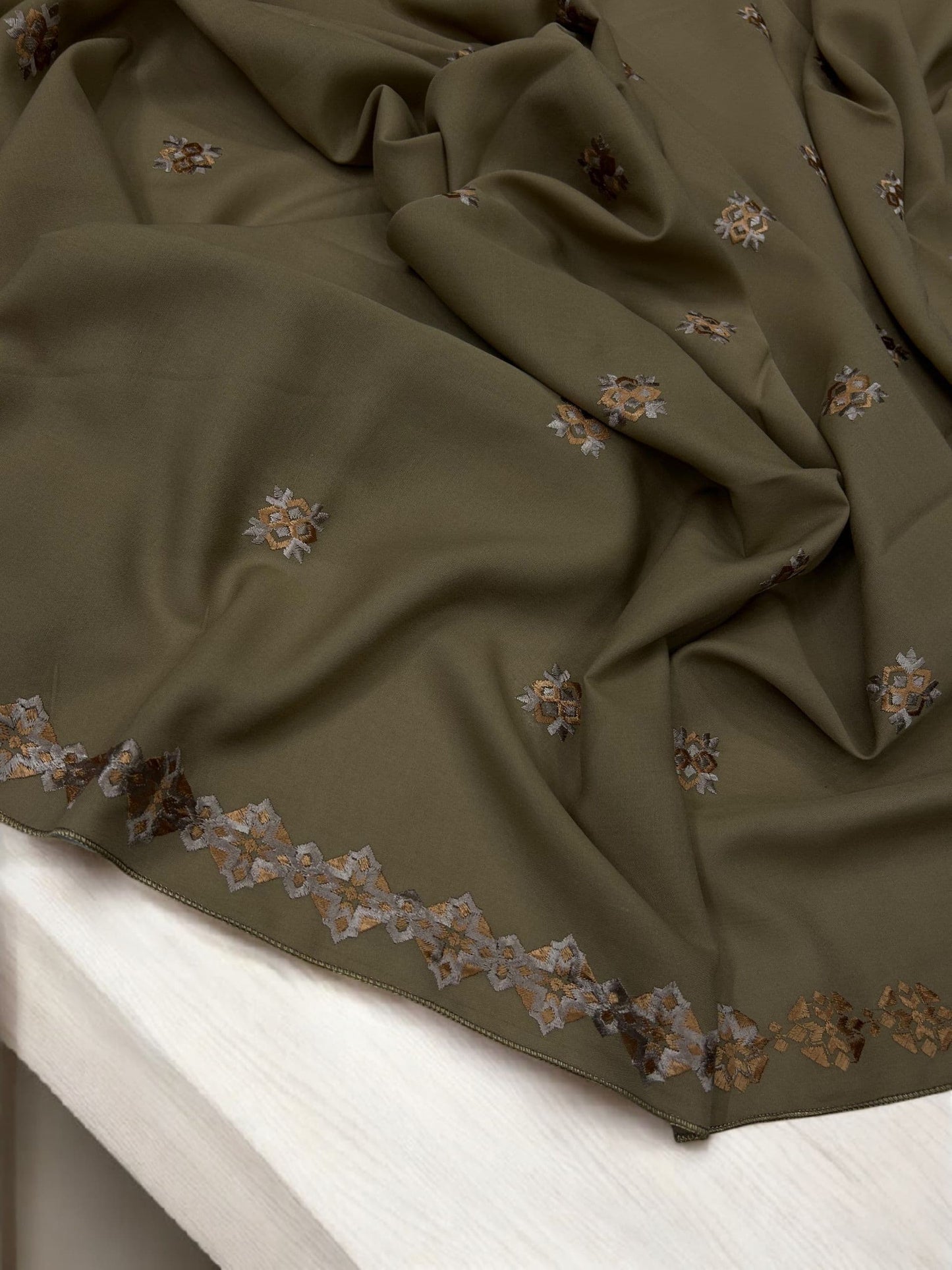 Stone Grey Peach Floral Diamond Embroidered Shaal