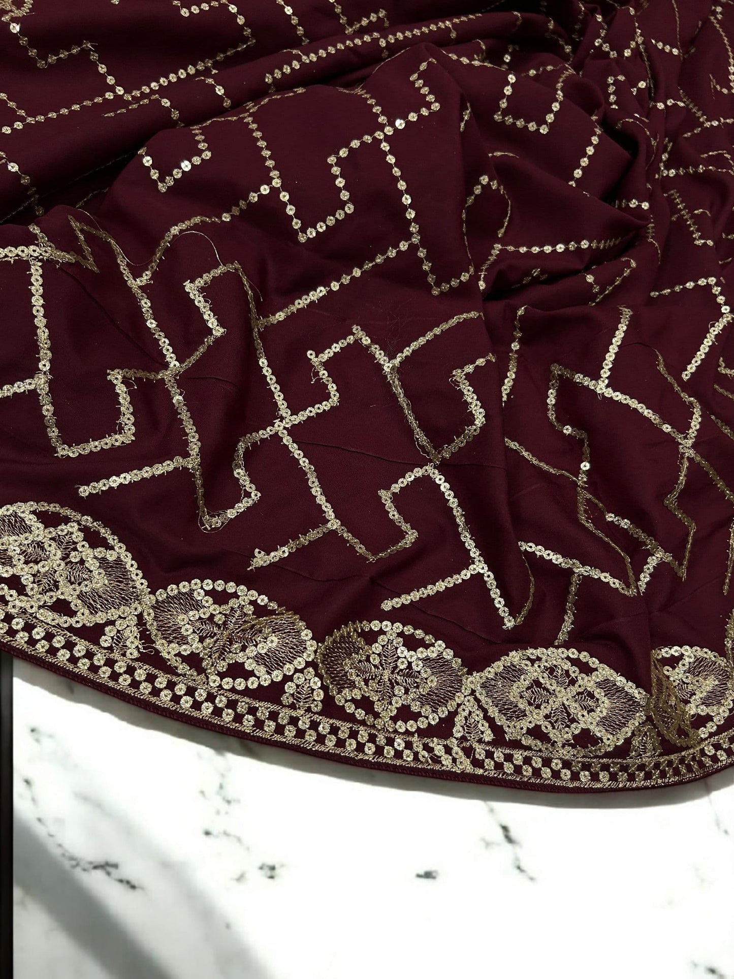 Mahogany Gold Sequence Bridal Embroidered Shaal