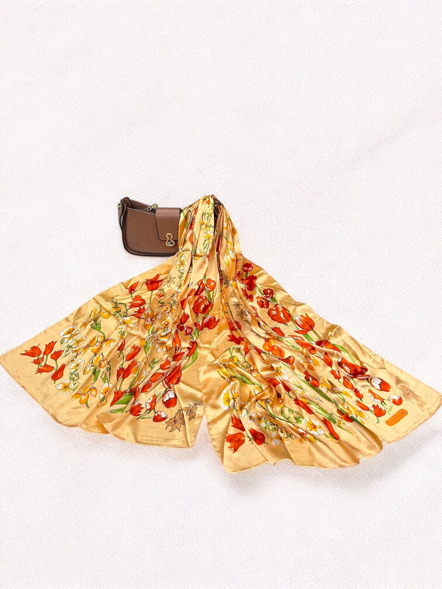 Satin Silk Scarf - Buff Yellow Rust Tulips